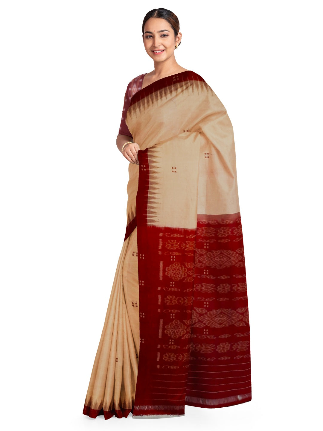 Beige with Maroon Cotton Odisha Ikat saree  with mix match cotton ikat blouse (Copy)