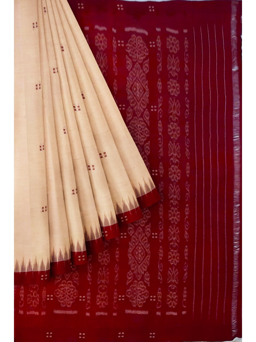 Beige with Maroon Cotton Odisha Ikat saree  with mix match cotton ikat blouse