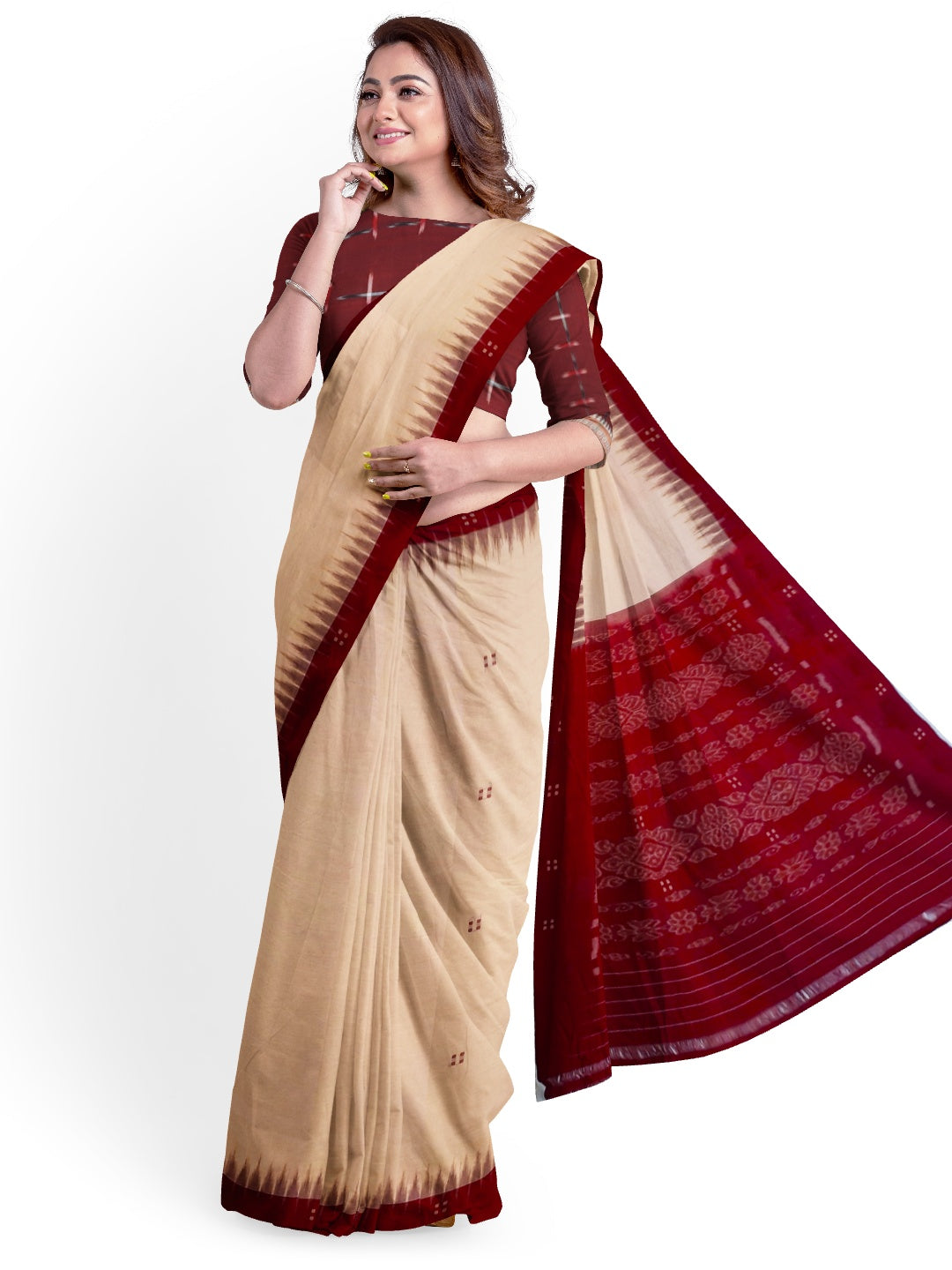 Beige with Maroon Cotton Odisha Ikat saree  with mix match cotton ikat blouse