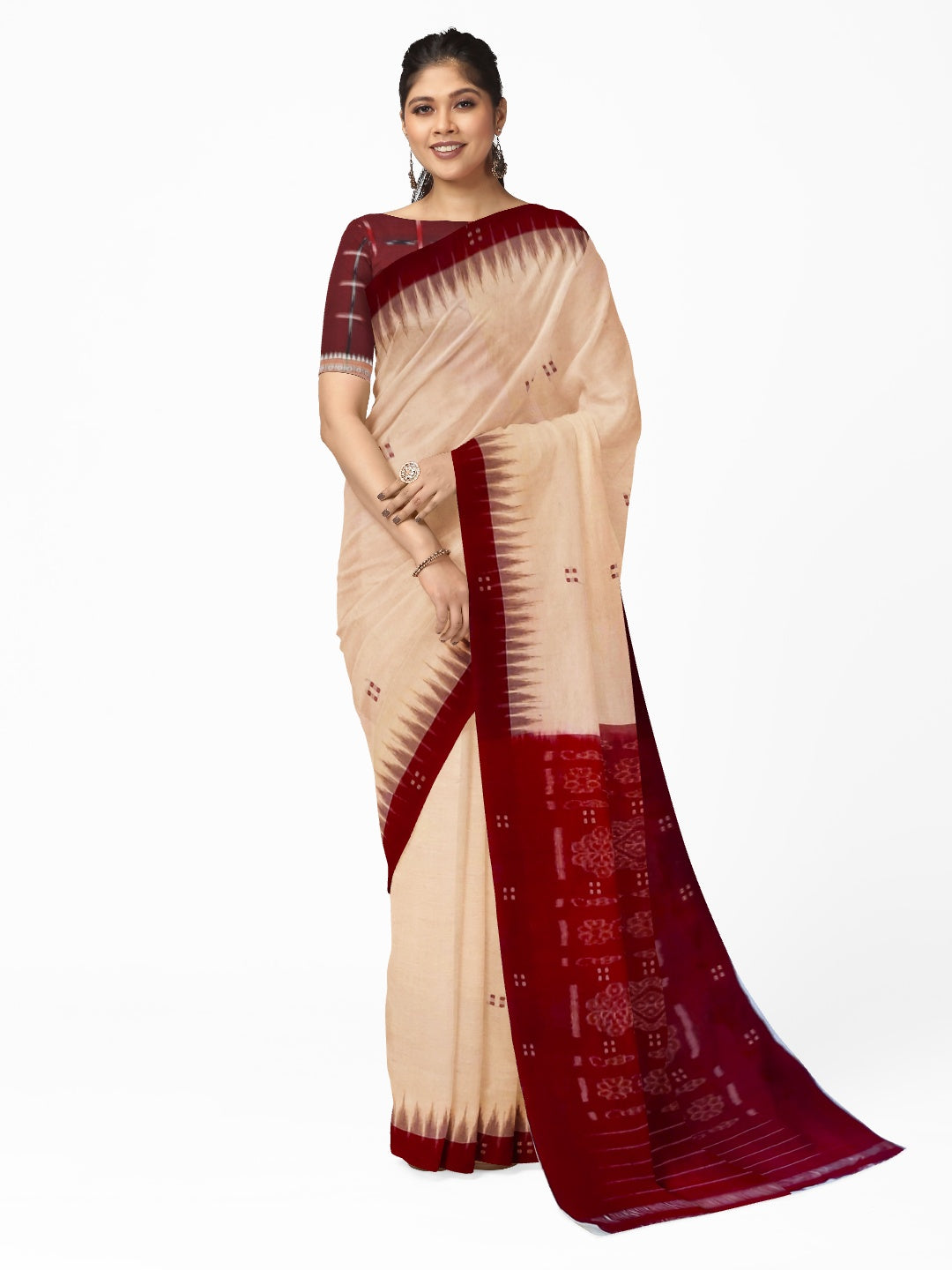 Beige with Maroon Cotton Odisha Ikat saree  with mix match cotton ikat blouse