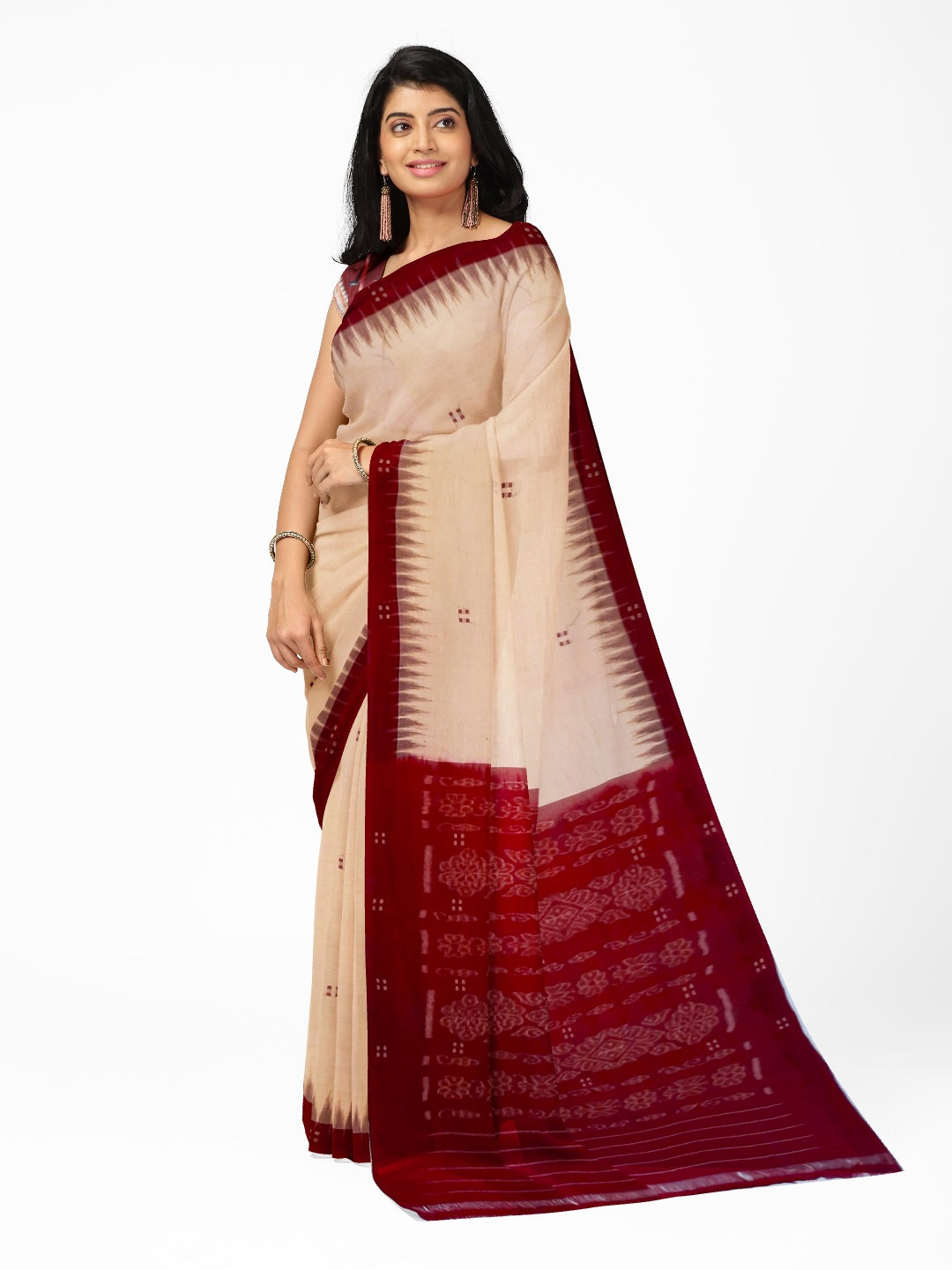 Beige with Maroon Cotton Odisha Ikat saree  with mix match cotton ikat blouse