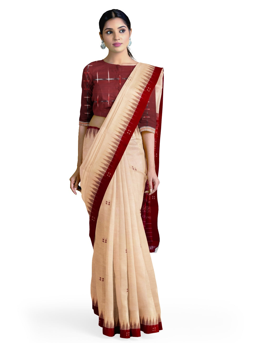 Beige with Maroon Cotton Odisha Ikat saree  with mix match cotton ikat blouse