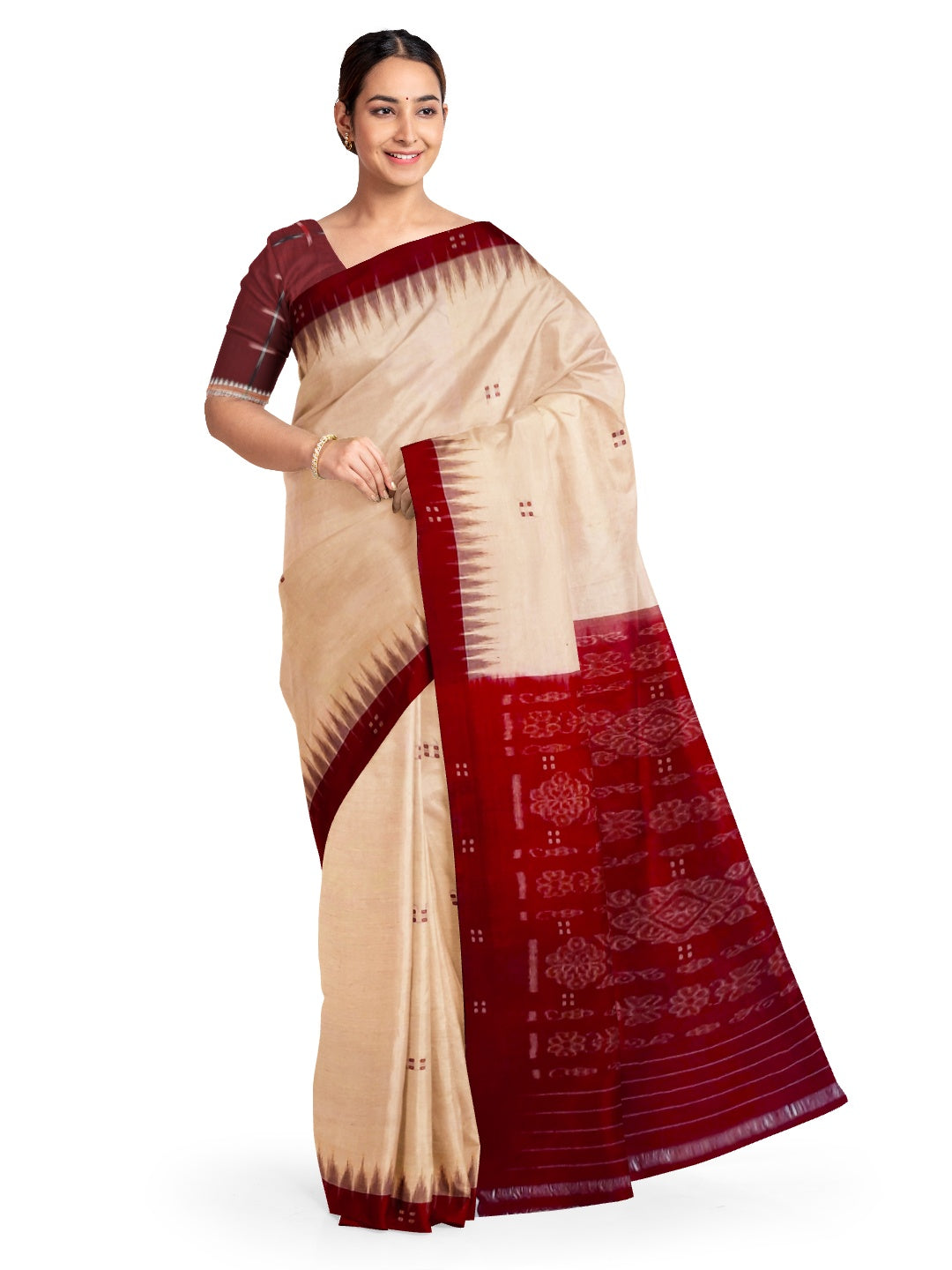 Beige with Maroon Cotton Odisha Ikat saree  with mix match cotton ikat blouse