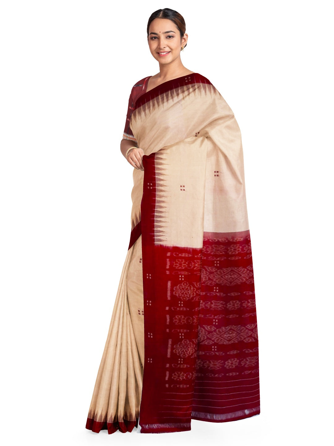 Beige with Maroon Cotton Odisha Ikat saree  with mix match cotton ikat blouse
