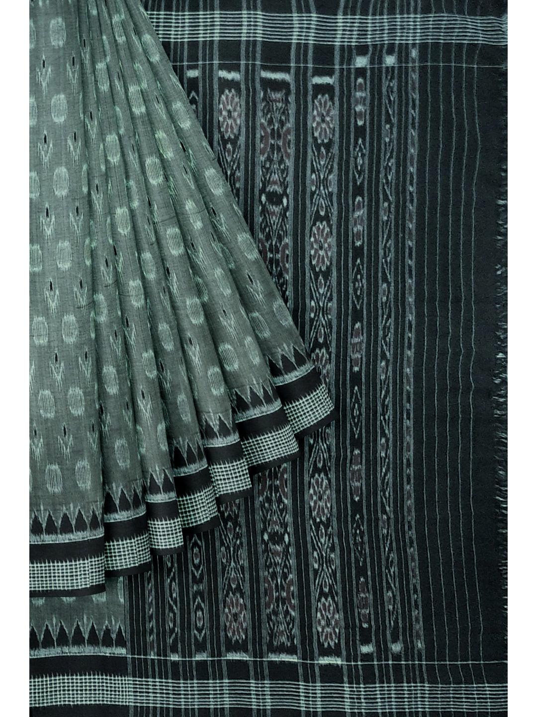 DarkGrey Cotton Odisha Ikat saree with mix match cotton ikat blouse piece