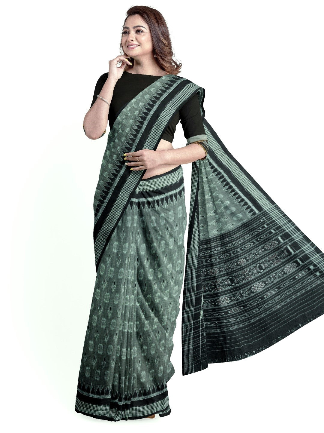 DarkGrey Cotton Odisha Ikat saree with mix match cotton ikat blouse piece