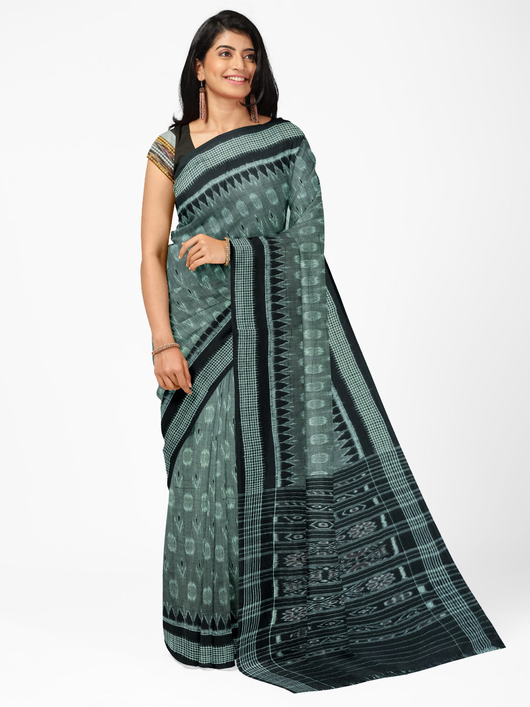DarkGrey Cotton Odisha Ikat saree with mix match cotton ikat blouse piece