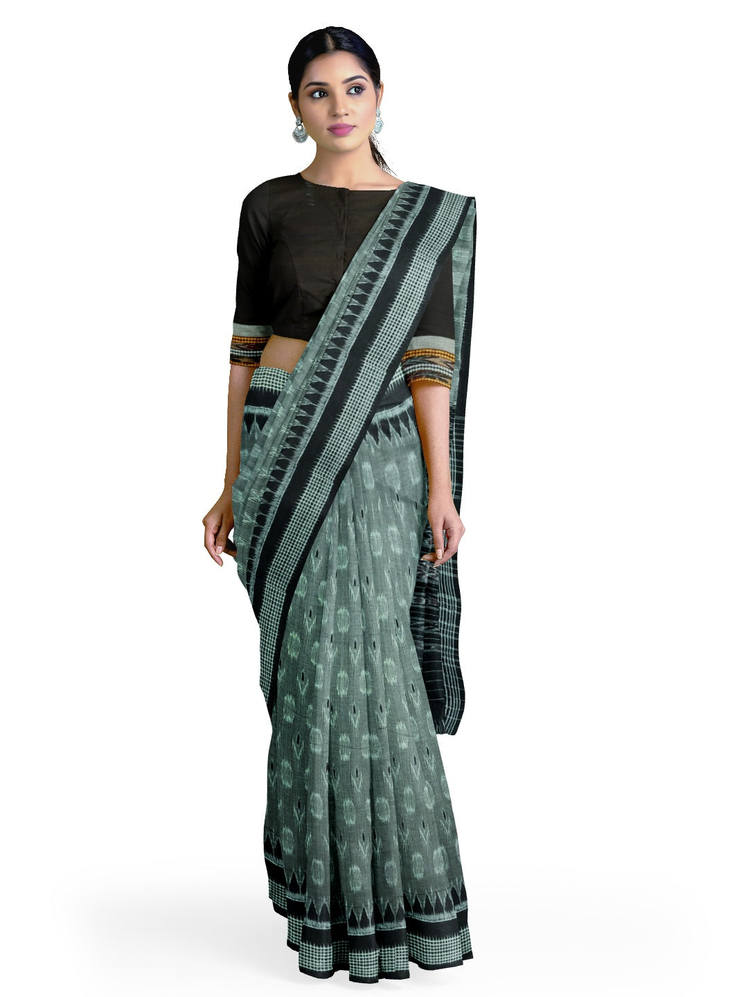 DarkGrey Cotton Odisha Ikat saree with mix match cotton ikat blouse piece