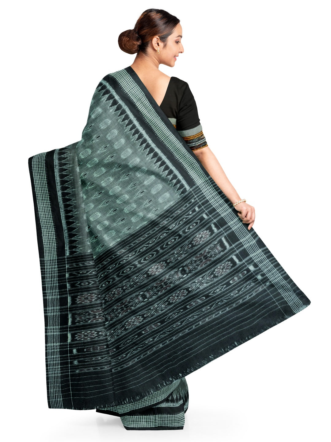 DarkGrey Cotton Odisha Ikat saree with mix match cotton ikat blouse piece