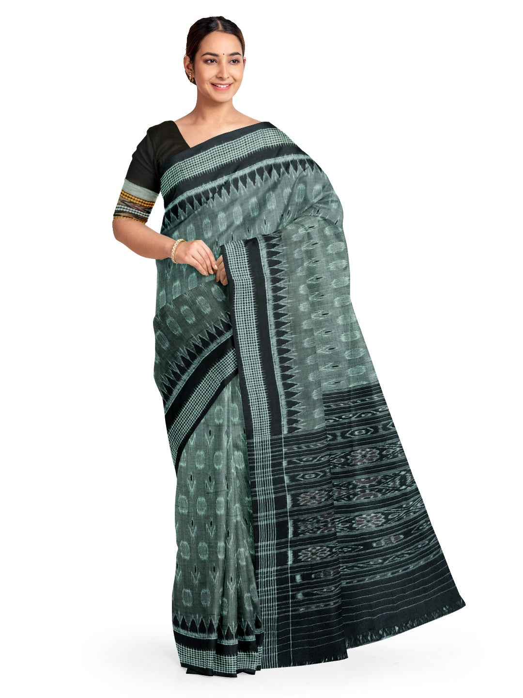 DarkGrey Cotton Odisha Ikat saree with mix match cotton ikat blouse piece