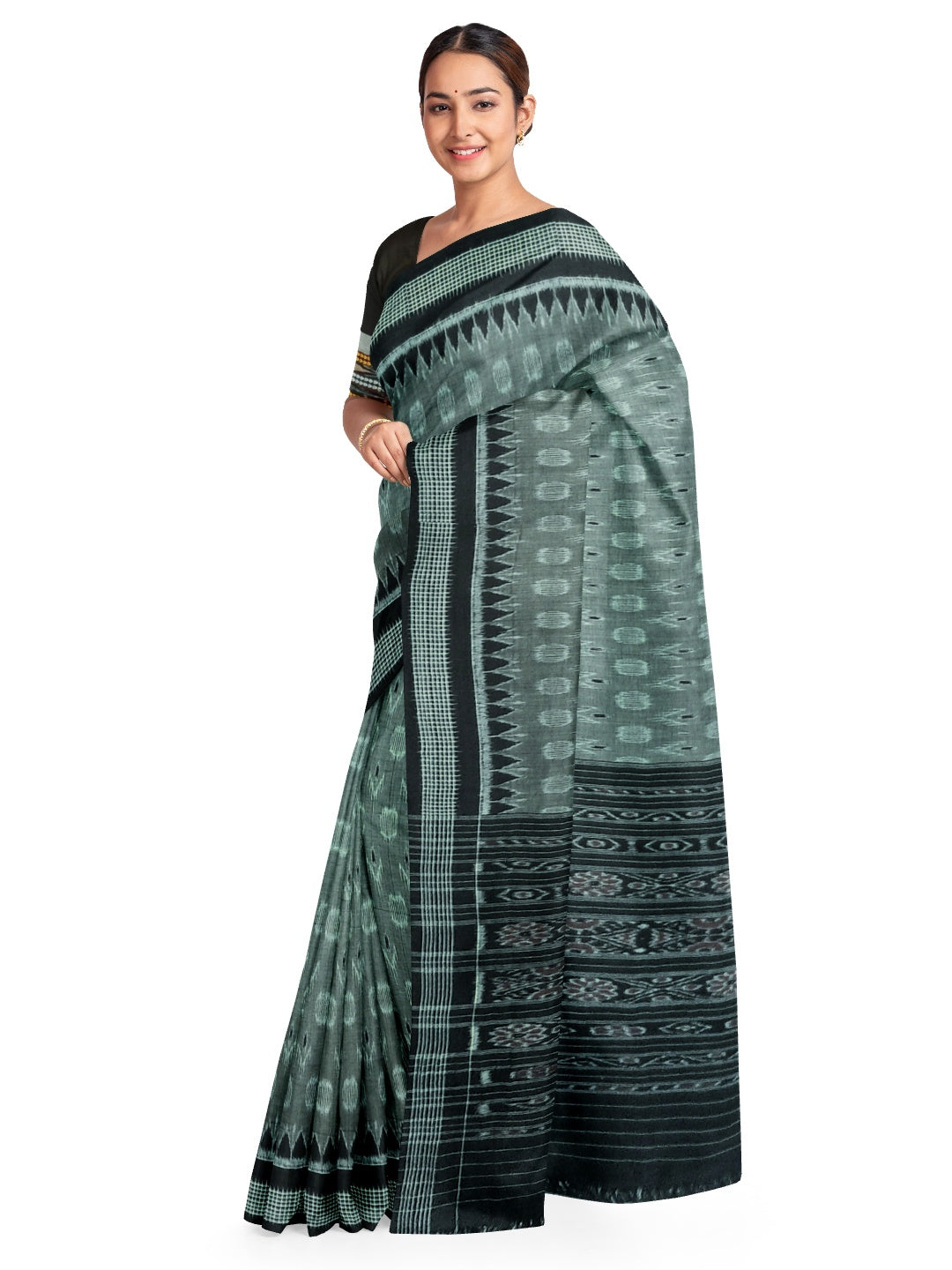 DarkGrey Cotton Odisha Ikat saree with mix match cotton ikat blouse piece