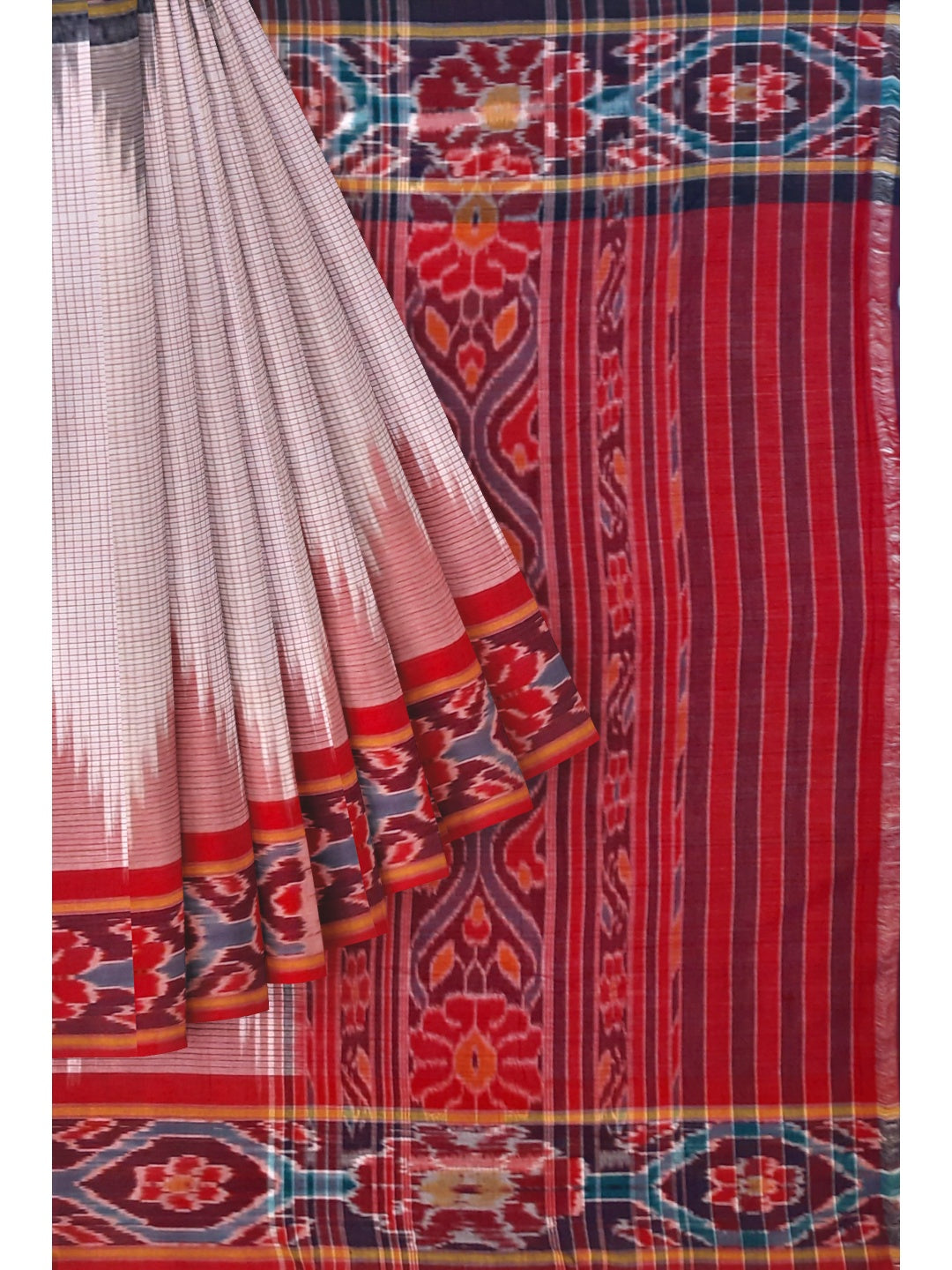 Beige checked body Cotton Odisha Ikat saree with mix match cotton ikat blouse