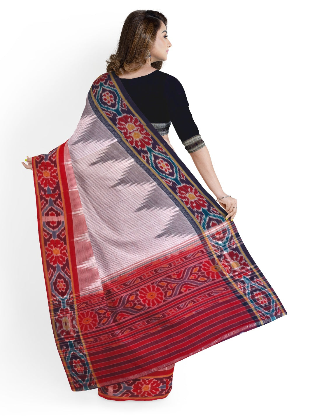 Beige checked body Cotton Odisha Ikat saree with mix match cotton ikat blouse