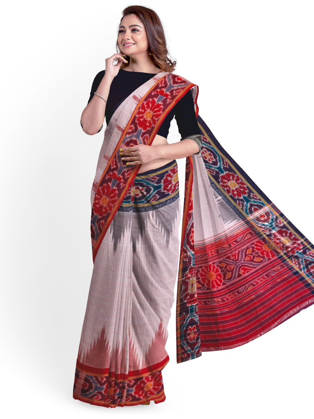 Beige checked body Cotton Odisha Ikat saree with mix match cotton ikat blouse