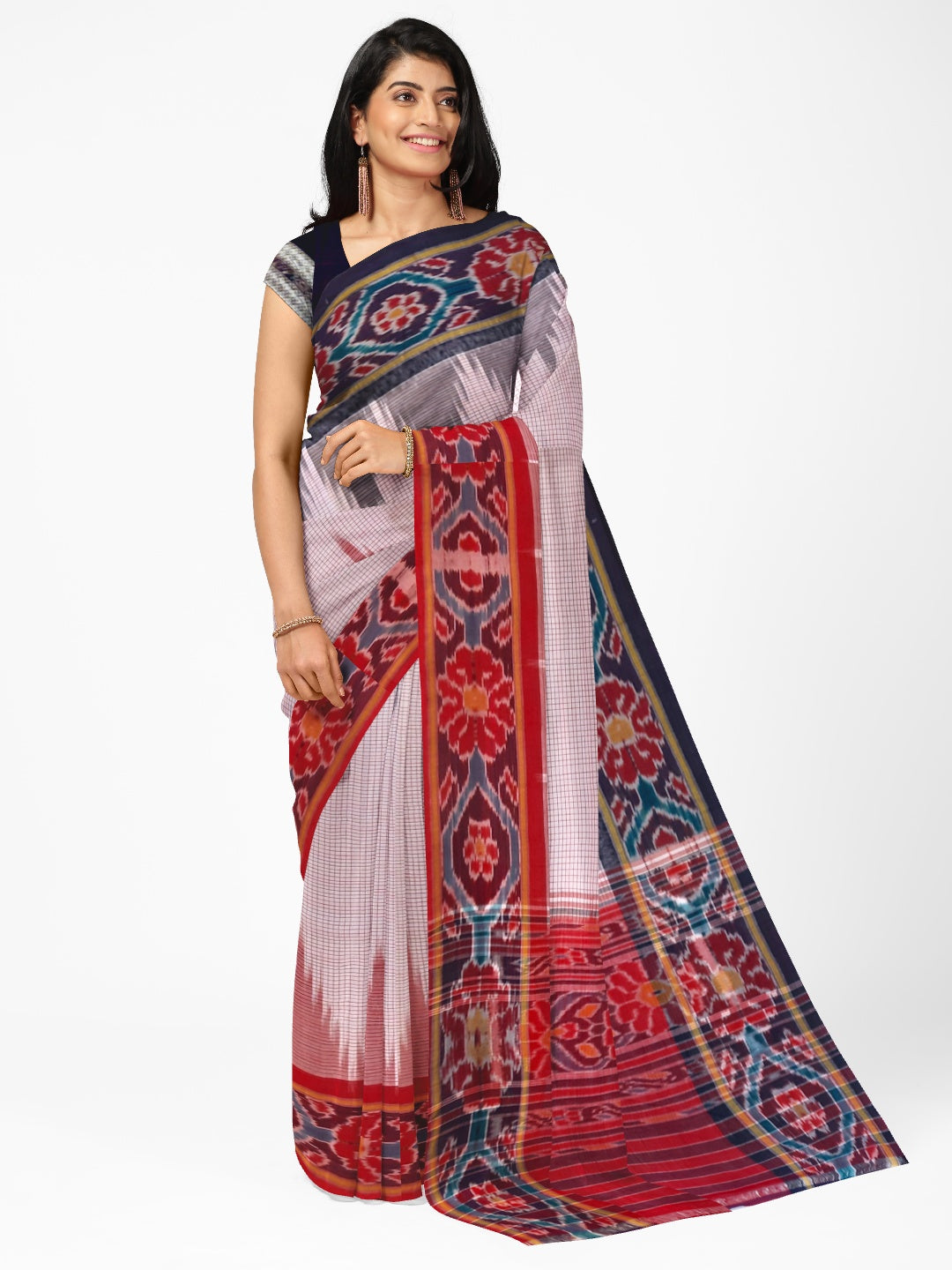 Beige checked body Cotton Odisha Ikat saree with mix match cotton ikat blouse