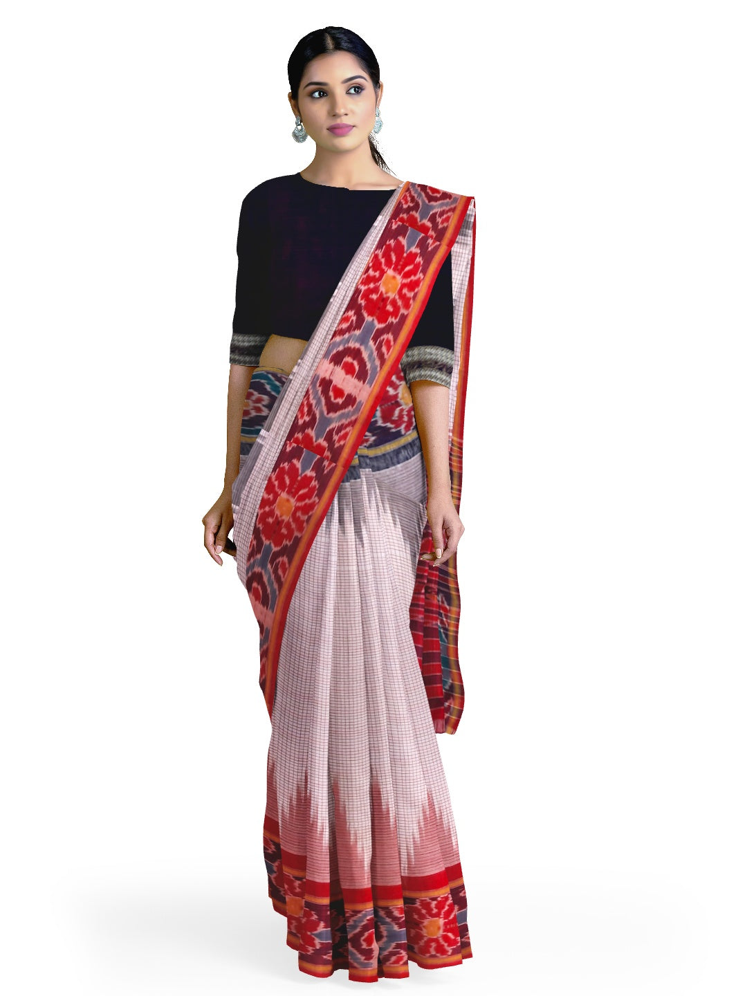 Beige checked body Cotton Odisha Ikat saree with mix match cotton ikat blouse