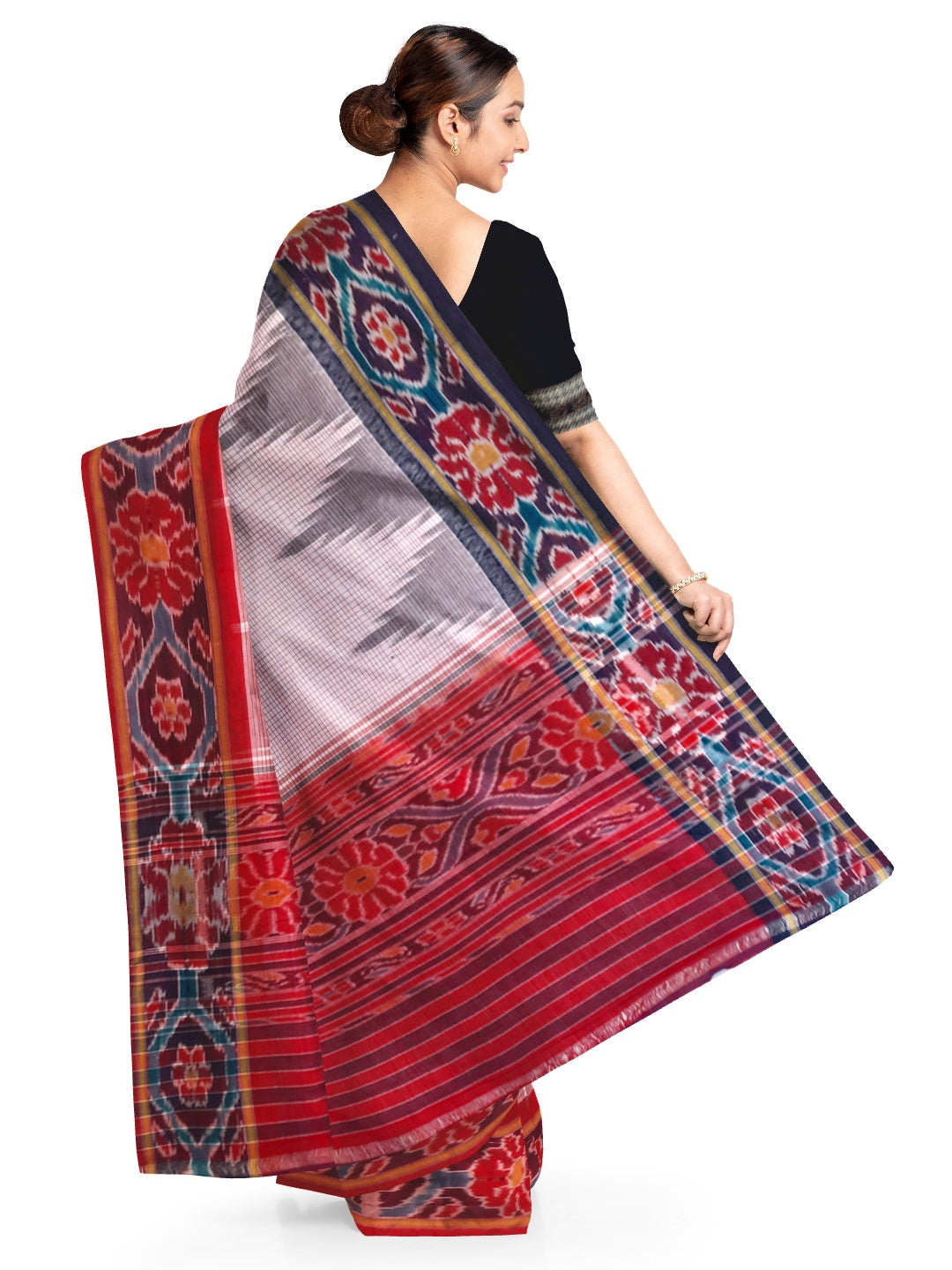 Beige checked body Cotton Odisha Ikat saree with mix match cotton ikat blouse