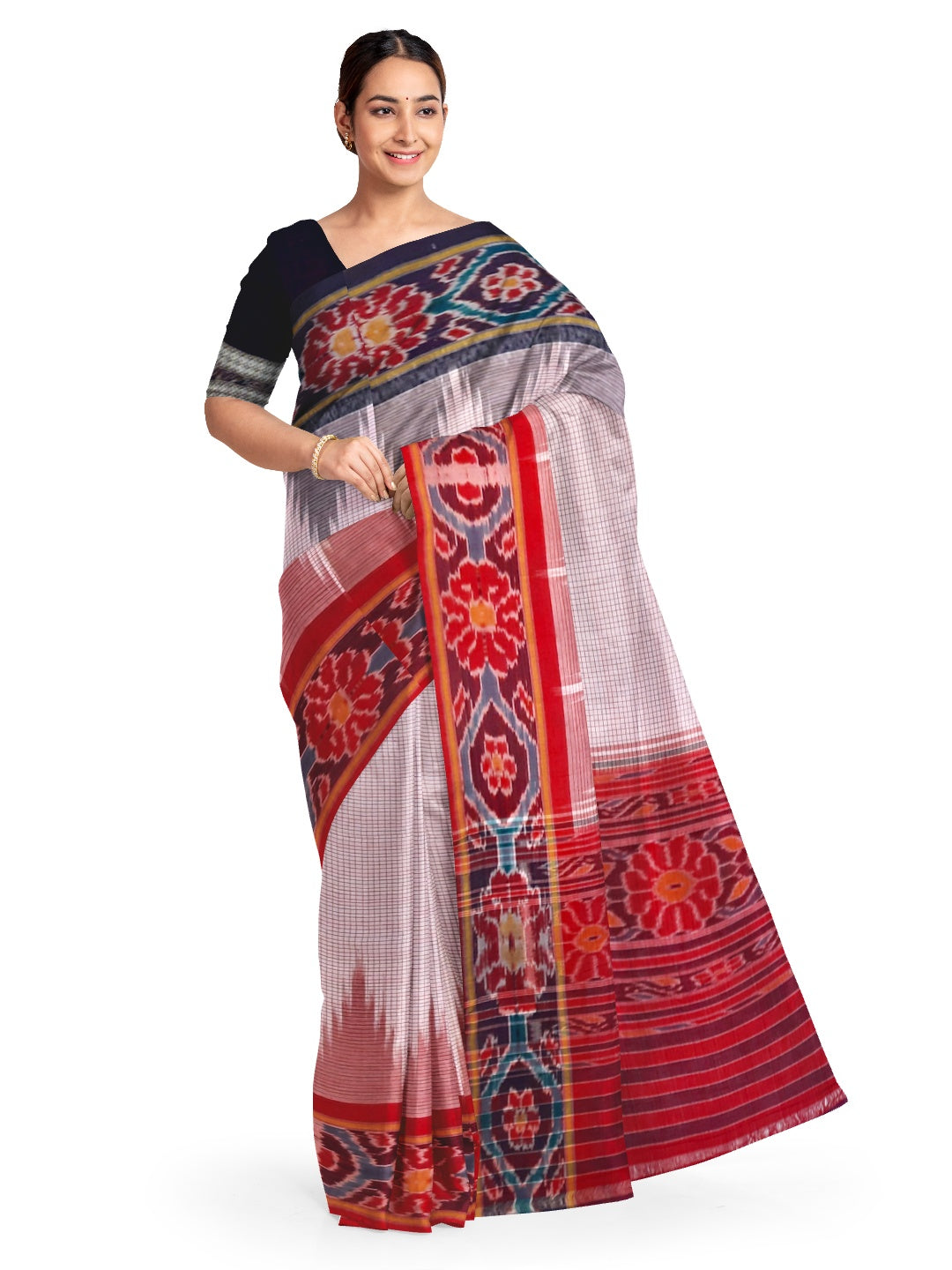 Beige checked body Cotton Odisha Ikat saree with mix match cotton ikat blouse