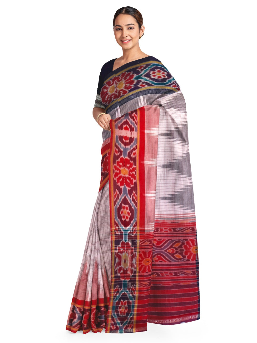 Beige checked body Cotton Odisha Ikat saree with mix match cotton ikat blouse