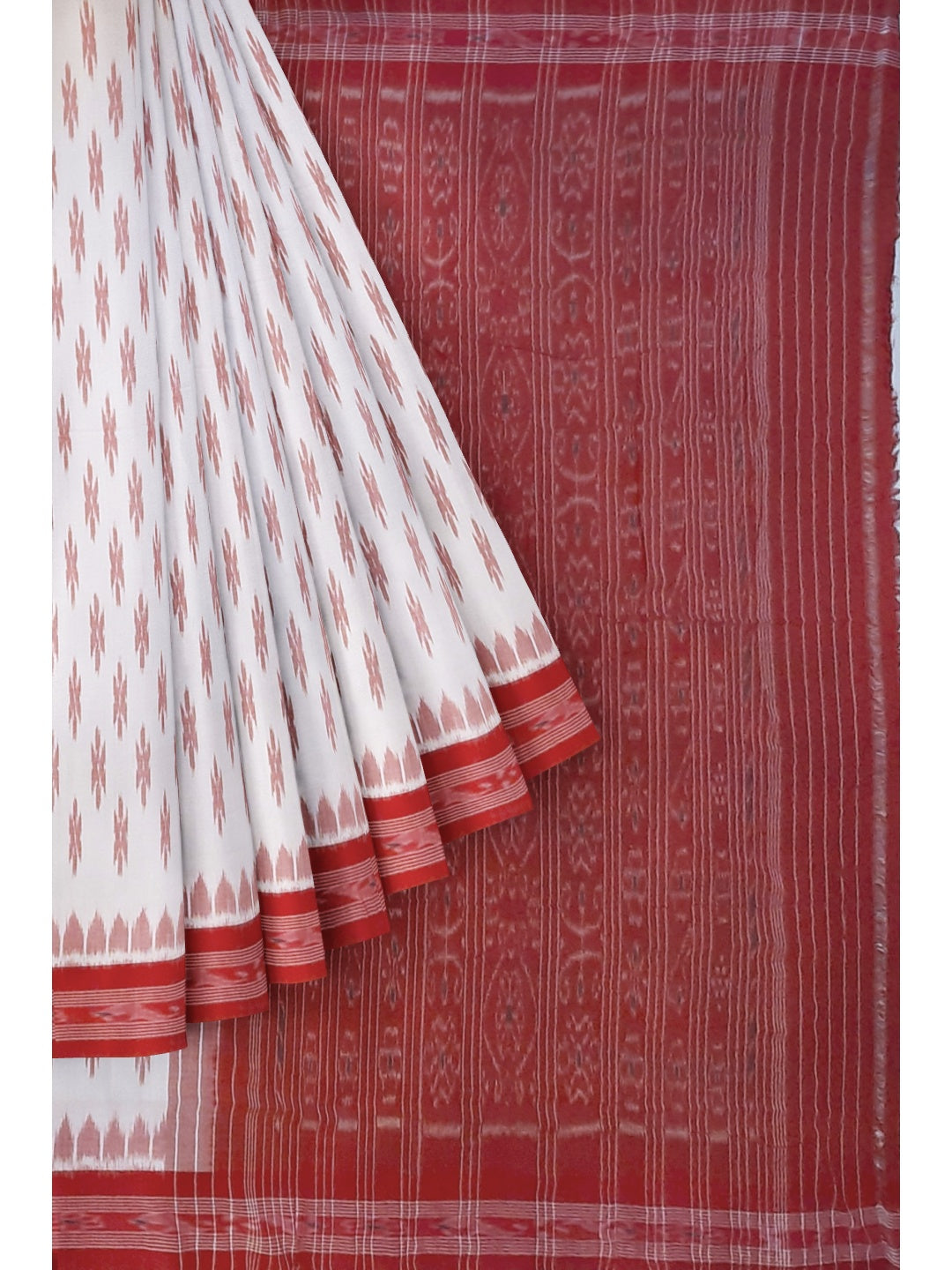 White Red Cotton Odisha Ikat saree with mix match cotton ikat blouse piece