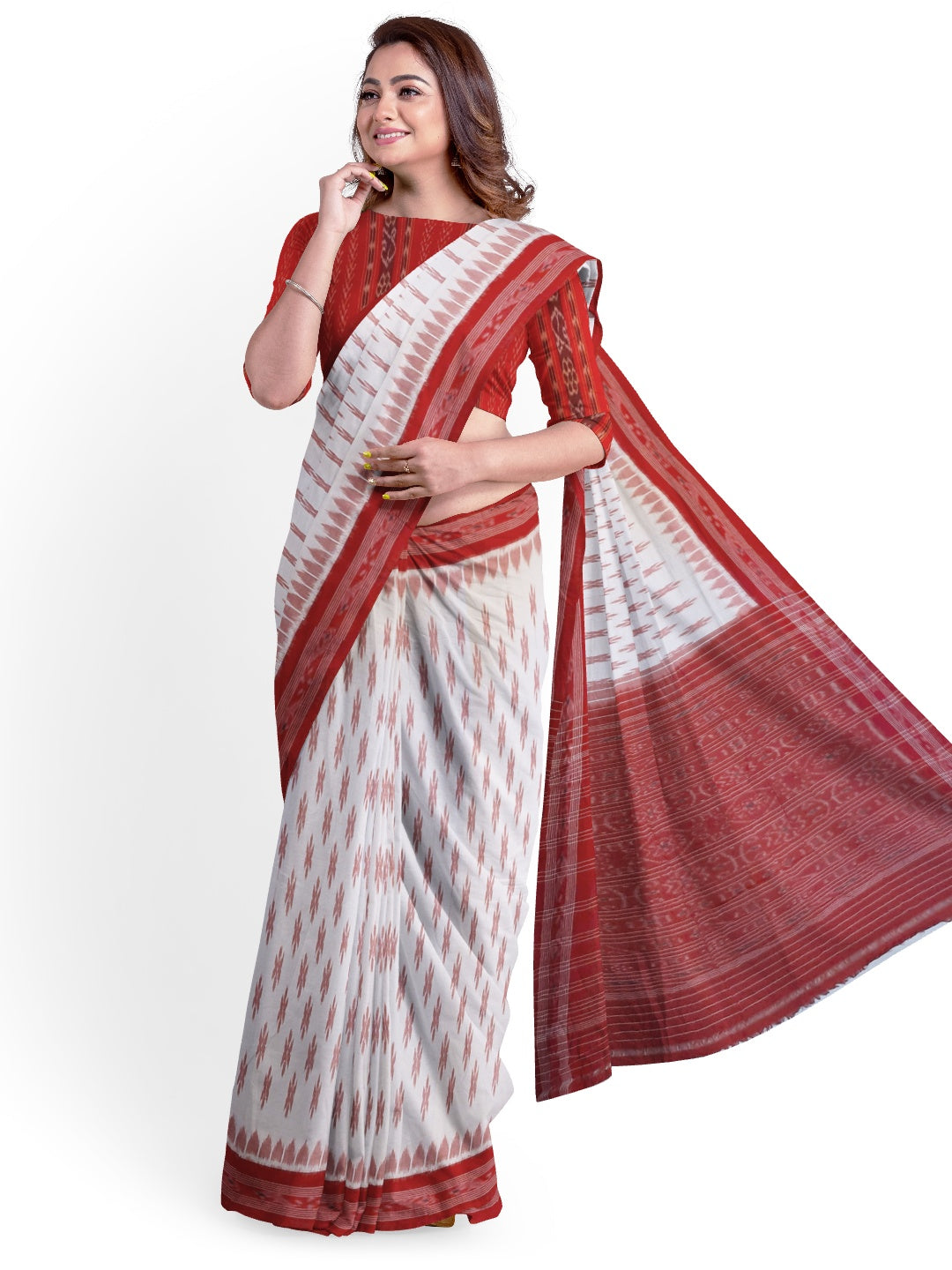 White Red Cotton Odisha Ikat saree with mix match cotton ikat blouse piece