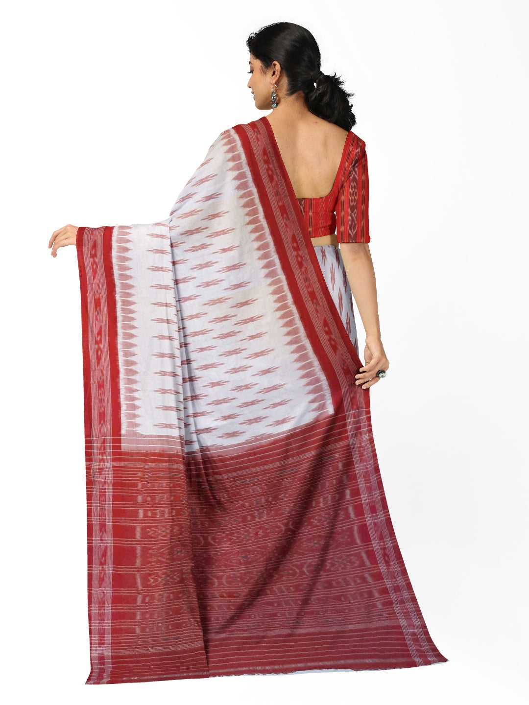 White Red Cotton Odisha Ikat saree with mix match cotton ikat blouse piece