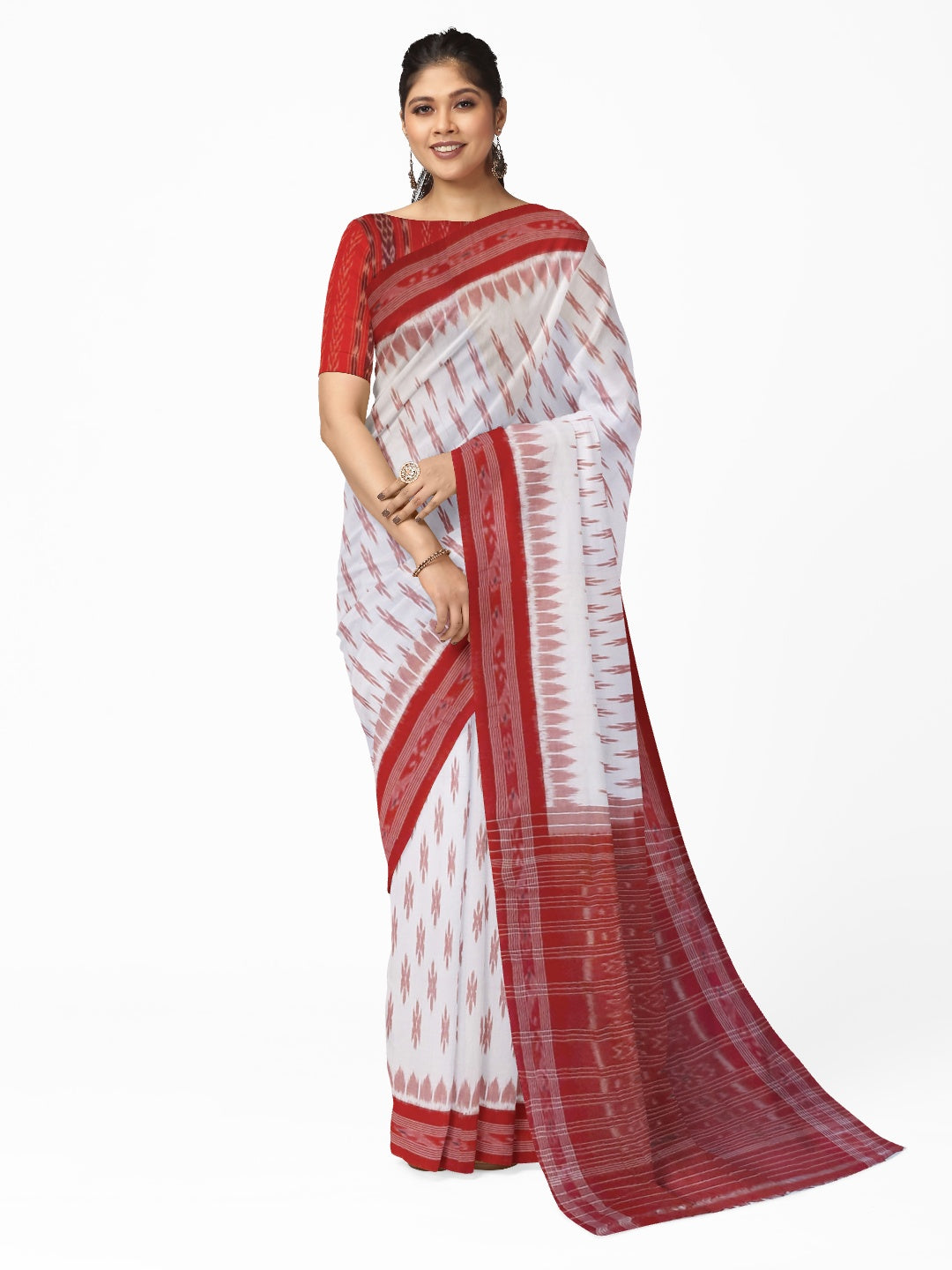 White Red Cotton Odisha Ikat saree with mix match cotton ikat blouse piece