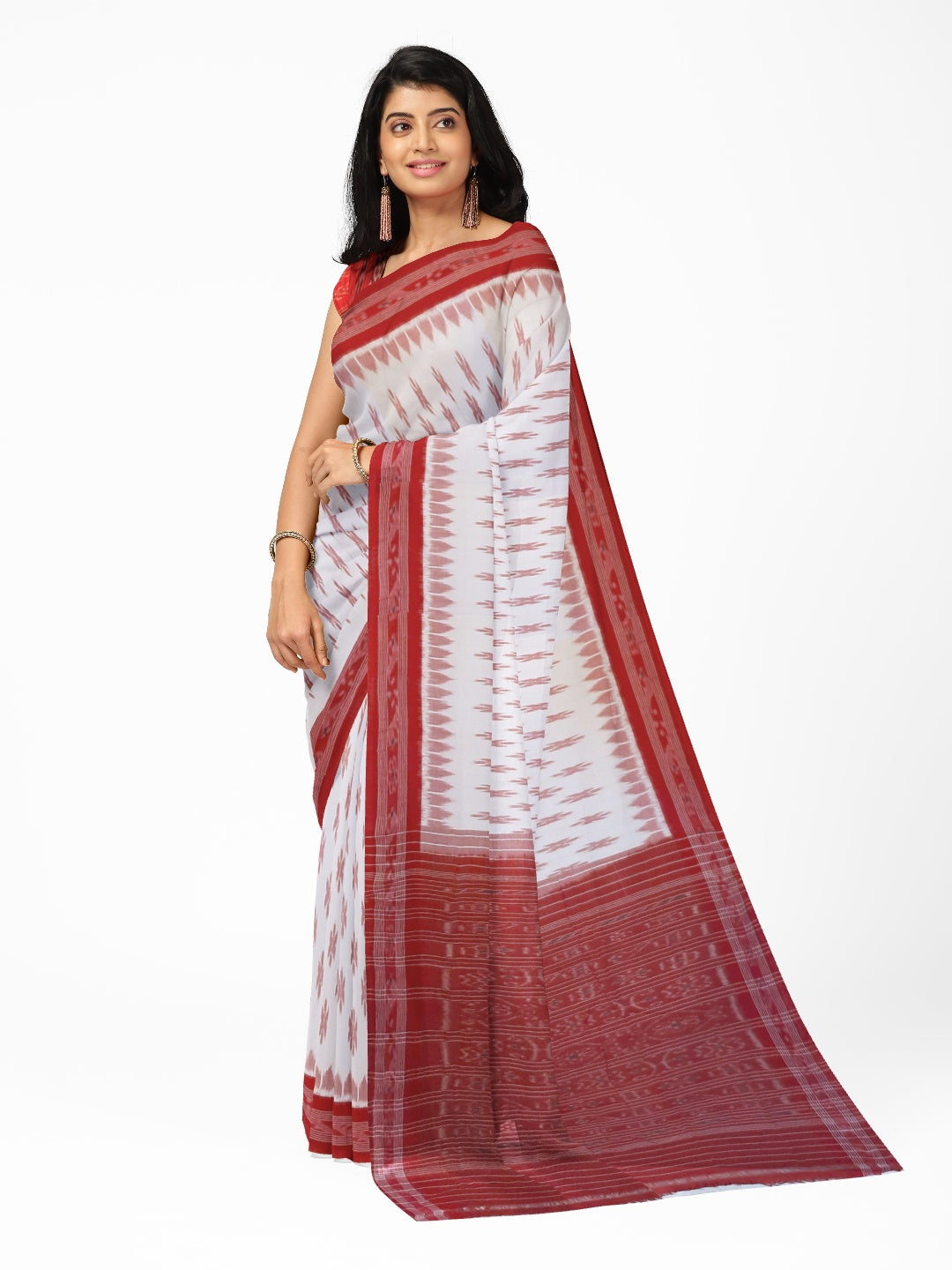 White Red Cotton Odisha Ikat saree with mix match cotton ikat blouse piece