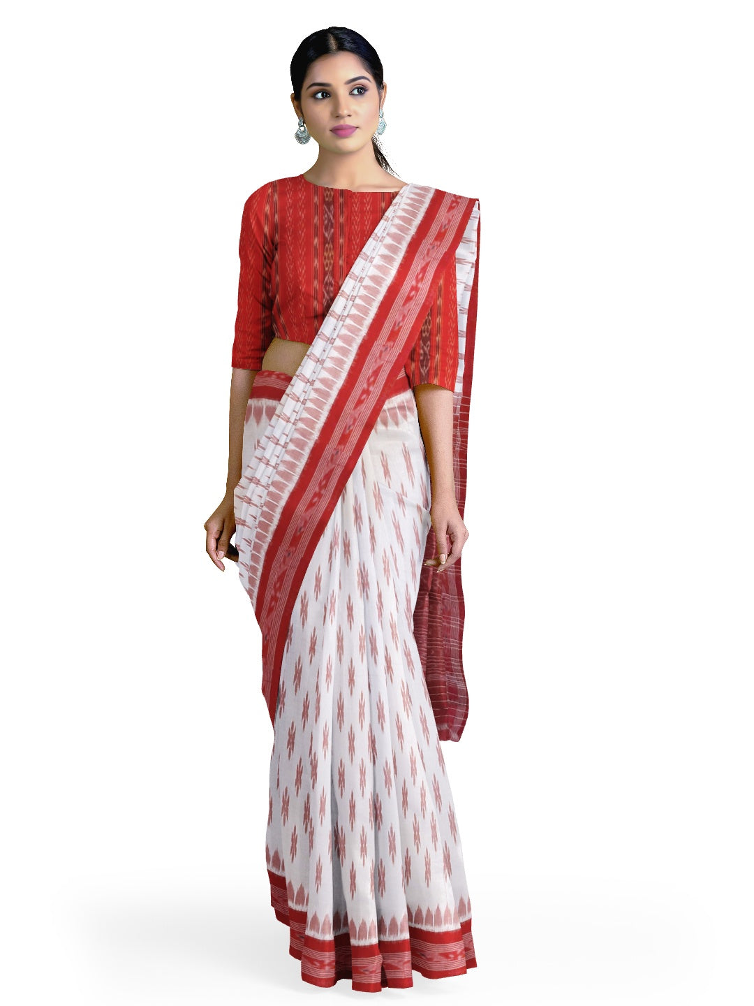White Red Cotton Odisha Ikat saree with mix match cotton ikat blouse piece