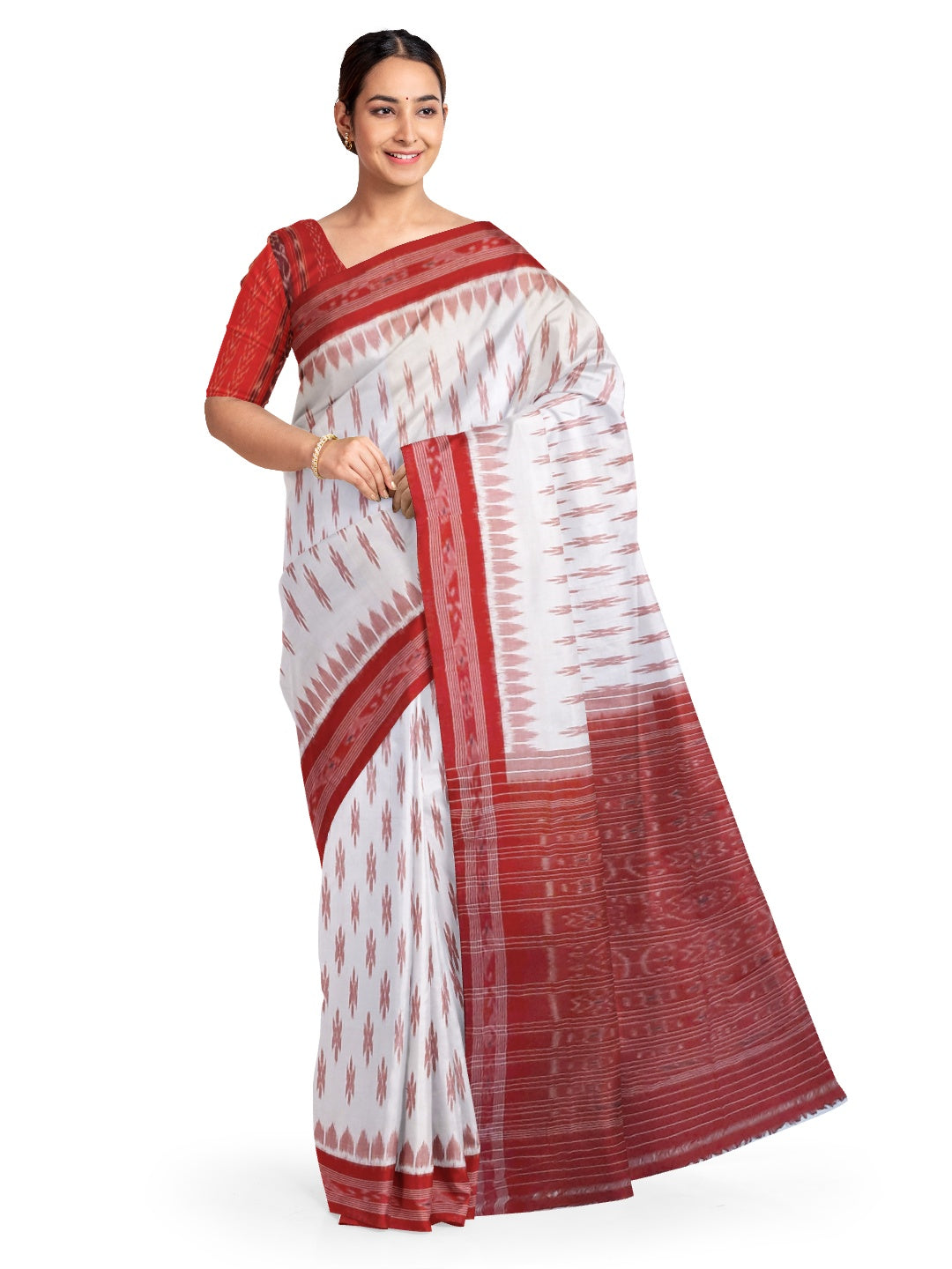 White Red Cotton Odisha Ikat saree with mix match cotton ikat blouse piece
