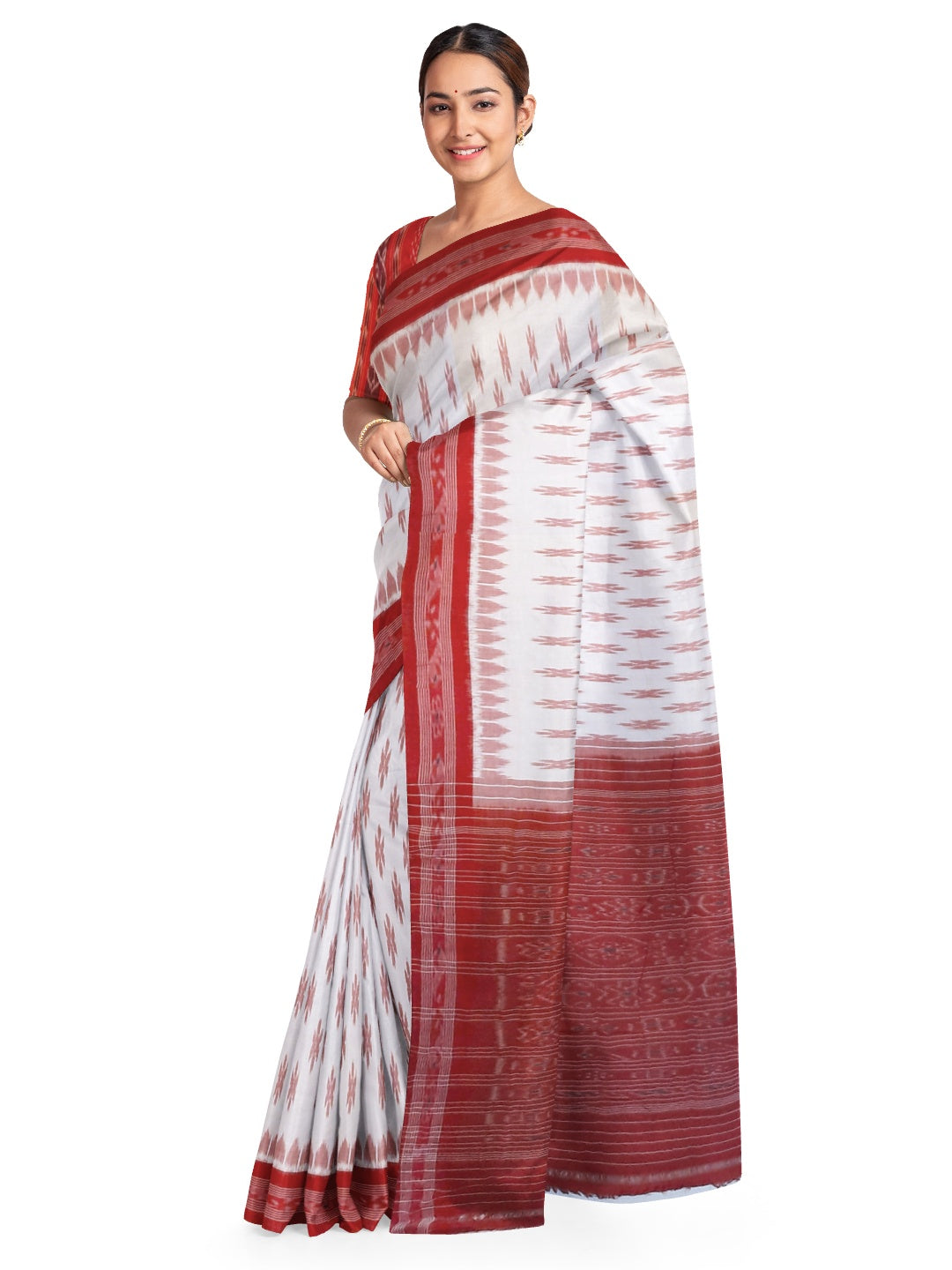 White Red Cotton Odisha Ikat saree with mix match cotton ikat blouse piece