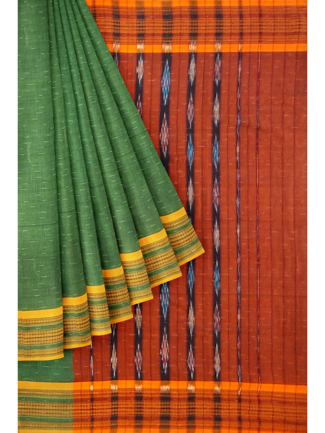Green Cotton Odisha Ikat saree  with mix match cotton ikat blouse