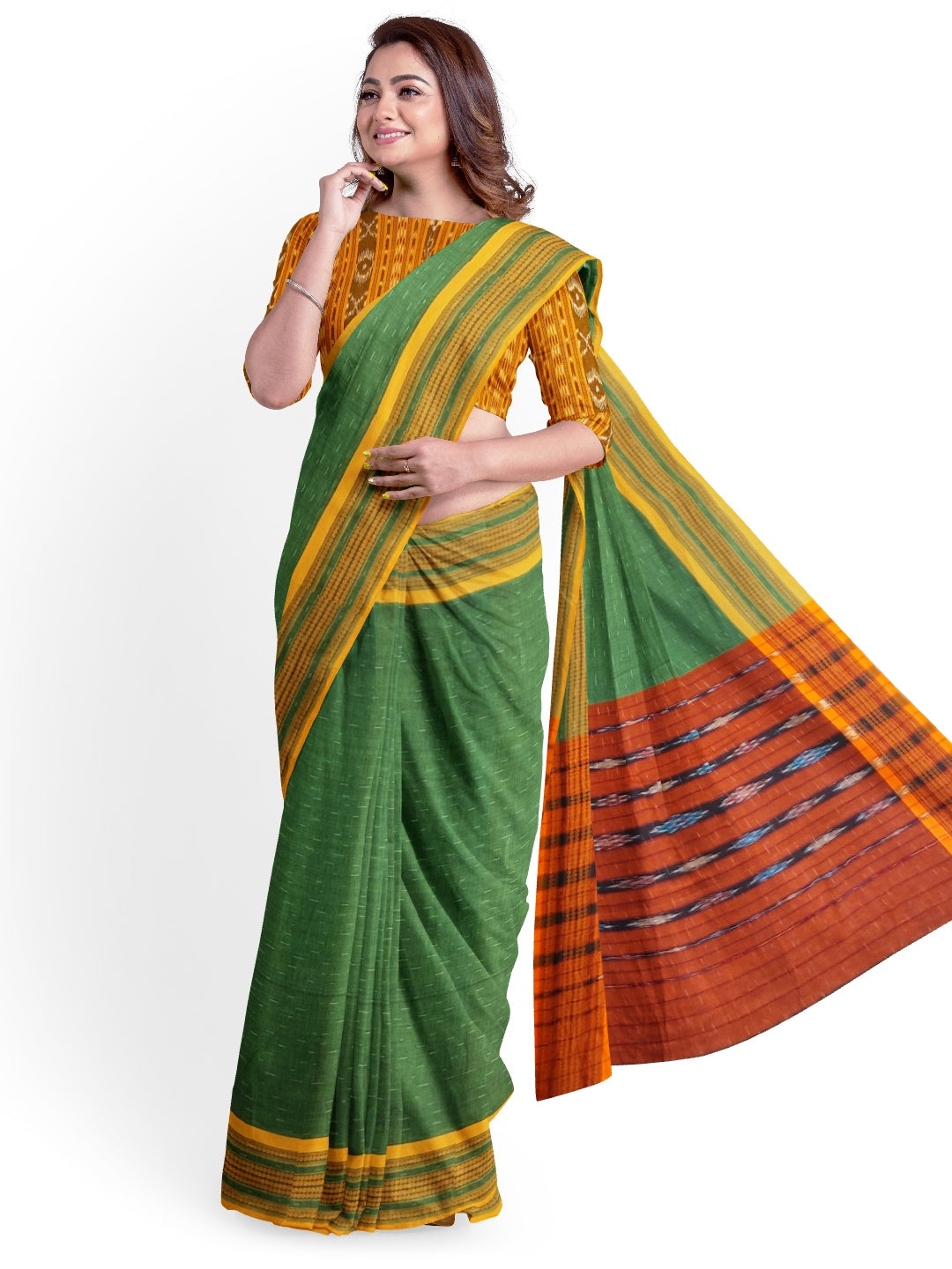 Green Cotton Odisha Ikat saree  with mix match cotton ikat blouse