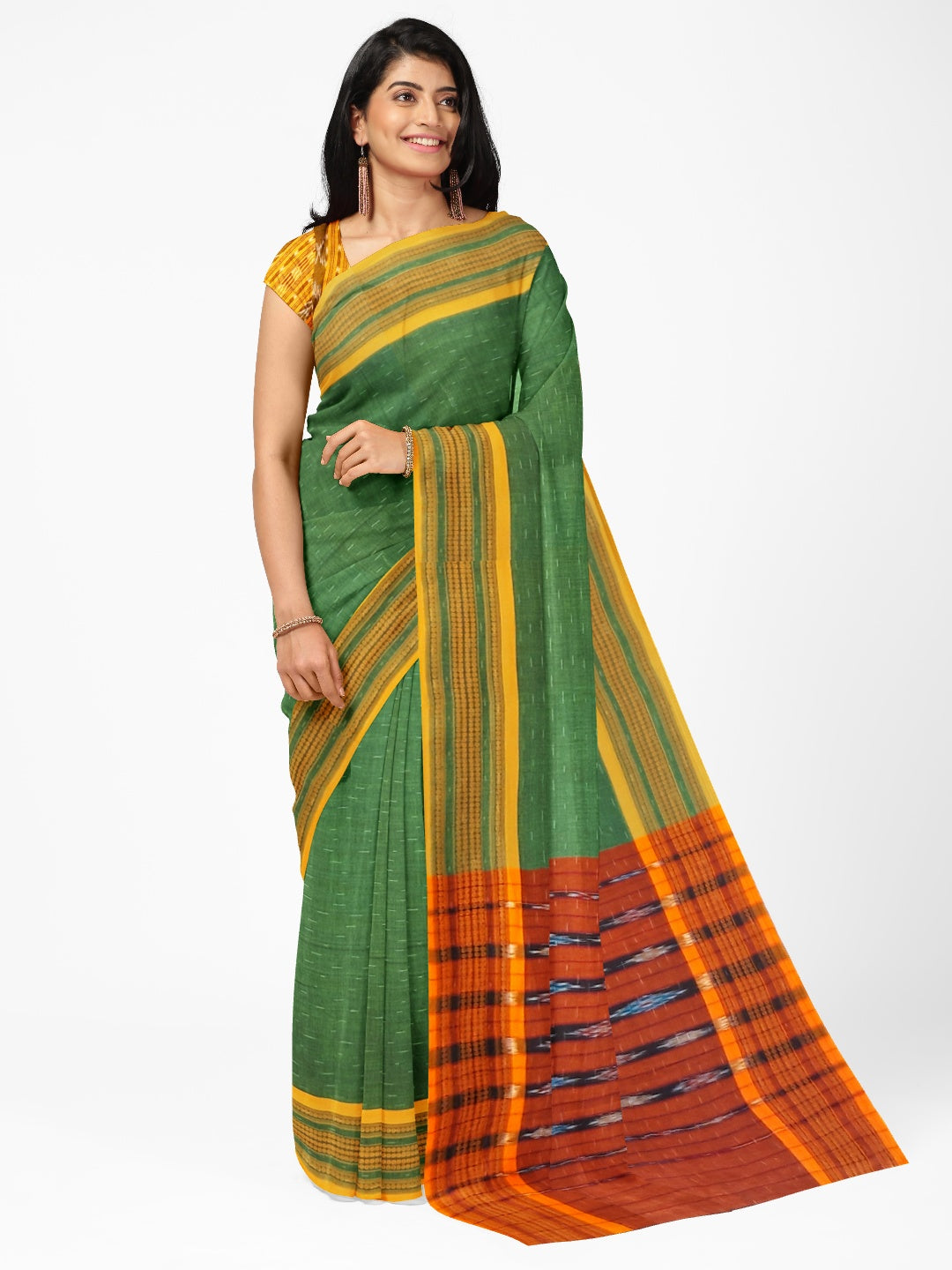 Green Cotton Odisha Ikat saree  with mix match cotton ikat blouse