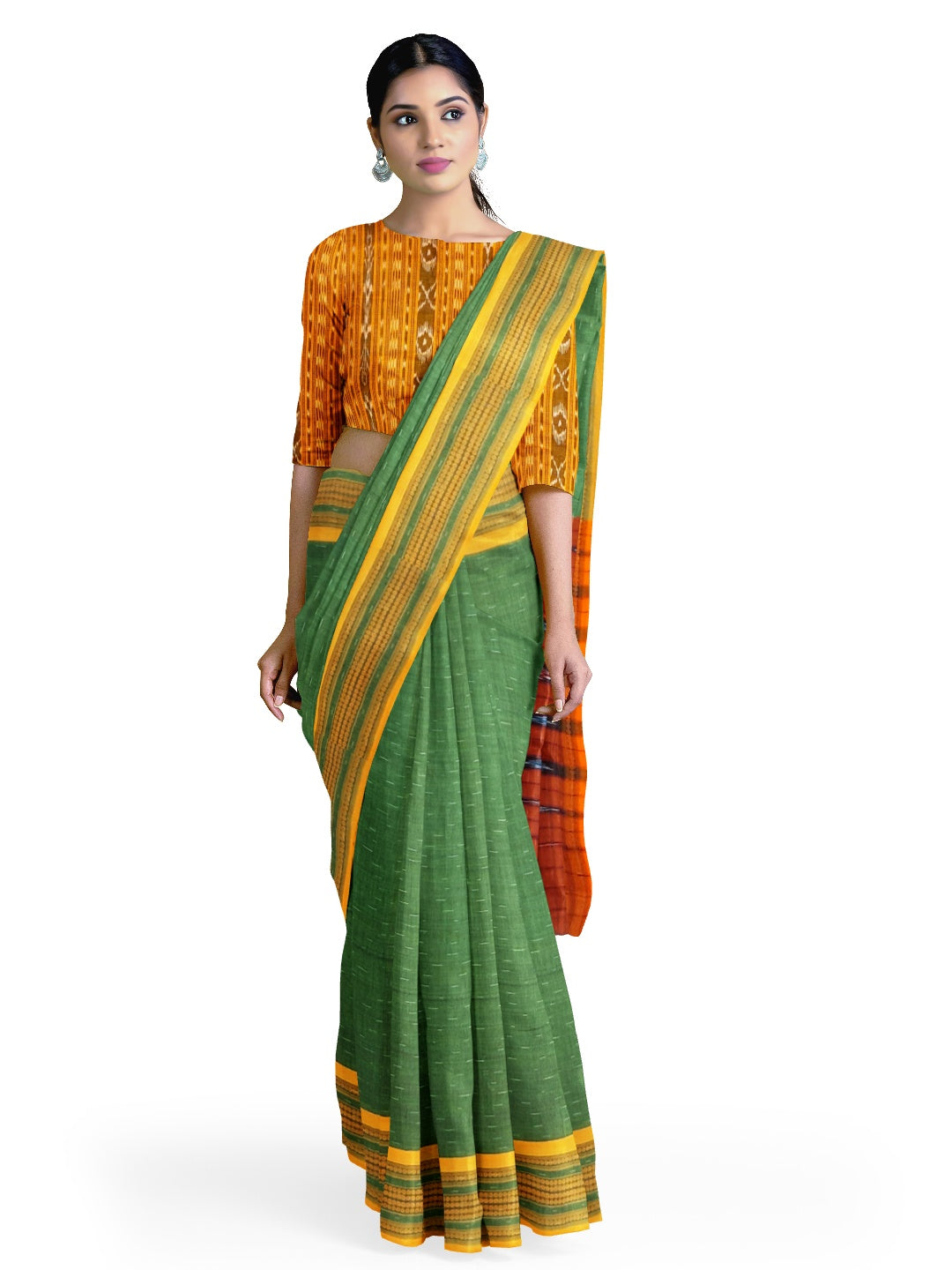 Green Cotton Odisha Ikat saree  with mix match cotton ikat blouse