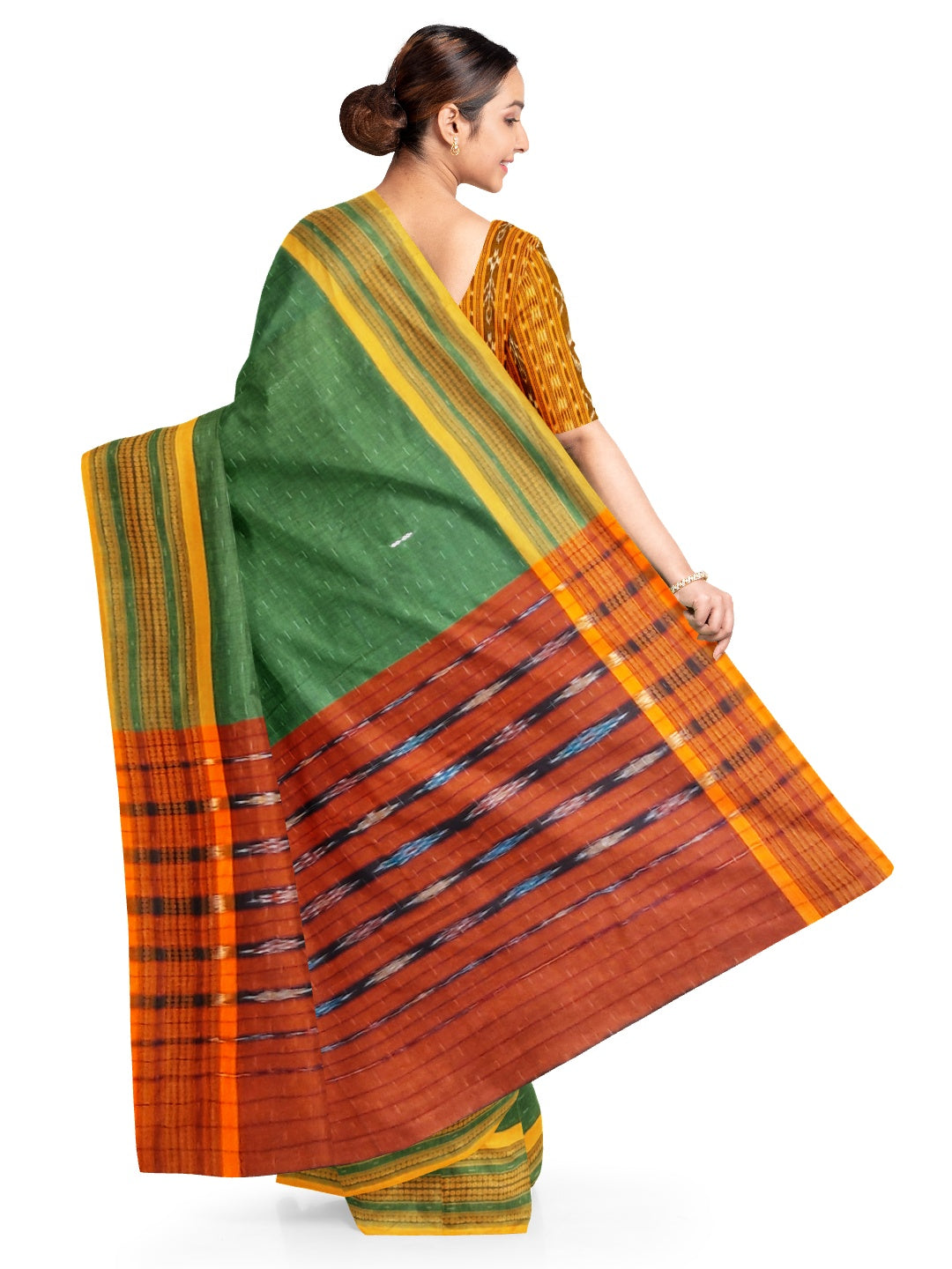 Green Cotton Odisha Ikat saree  with mix match cotton ikat blouse