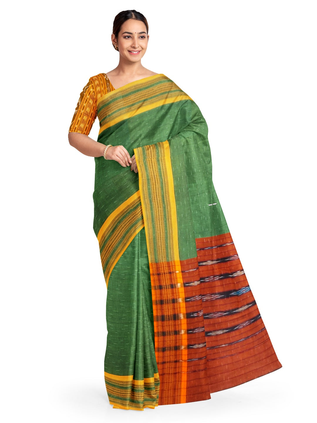 Green Cotton Odisha Ikat saree  with mix match cotton ikat blouse