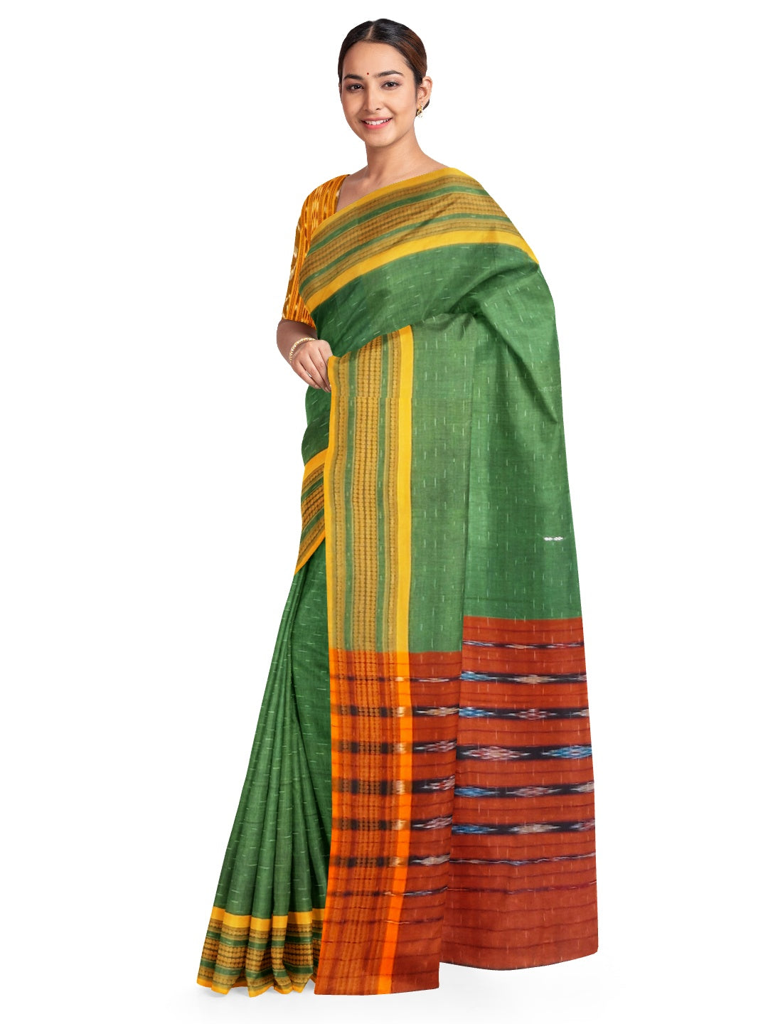 Green Cotton Odisha Ikat saree  with mix match cotton ikat blouse
