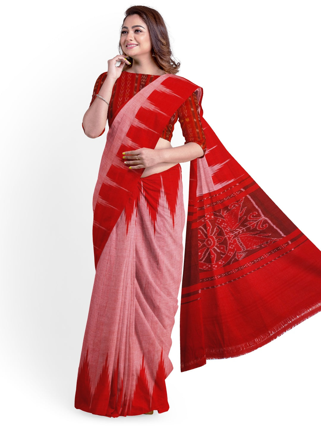 Pink with Red Cotton Odisha Ikat saree  with mix match cotton ikat blouse