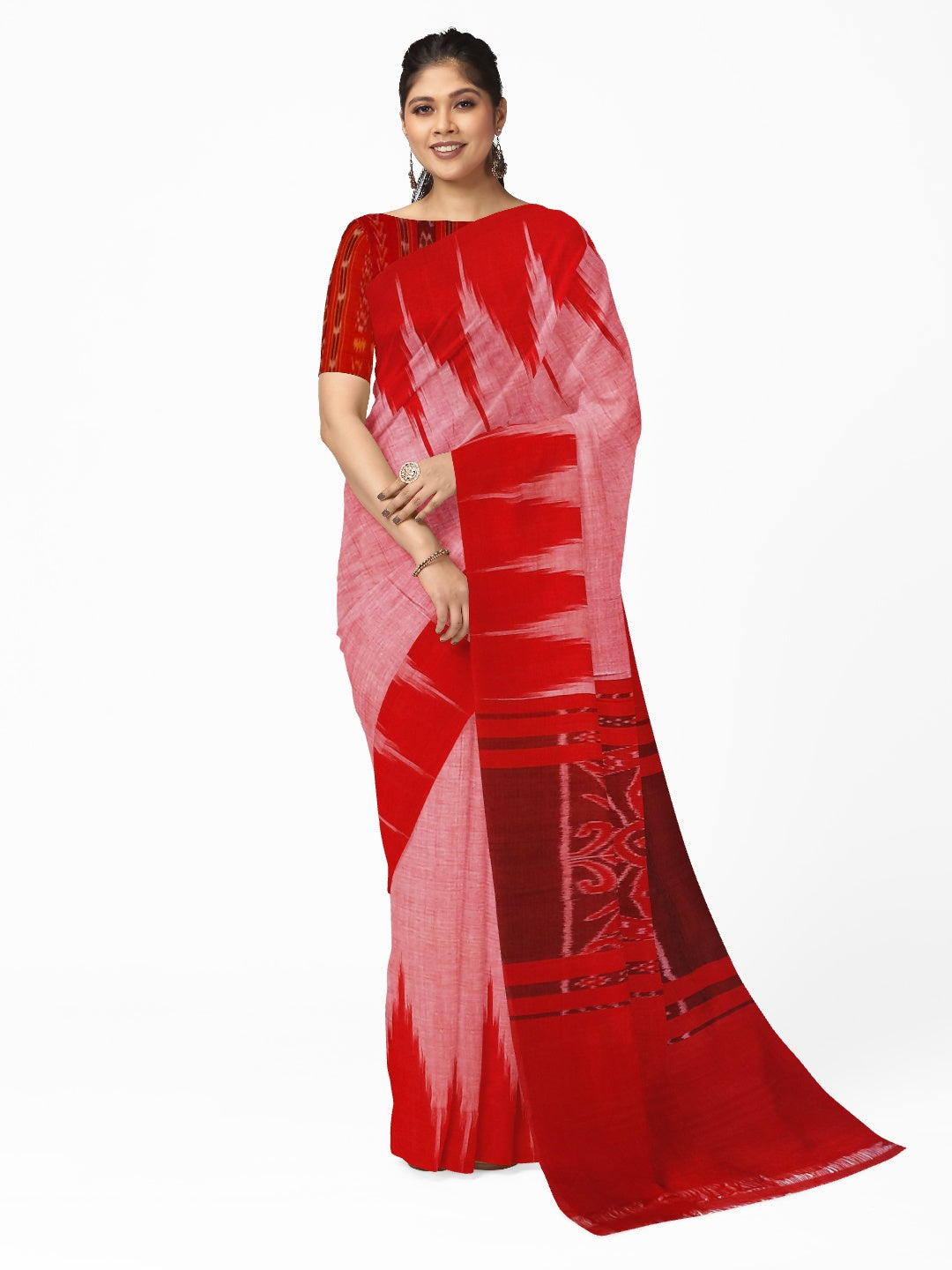 Pink with Red Cotton Odisha Ikat saree  with mix match cotton ikat blouse