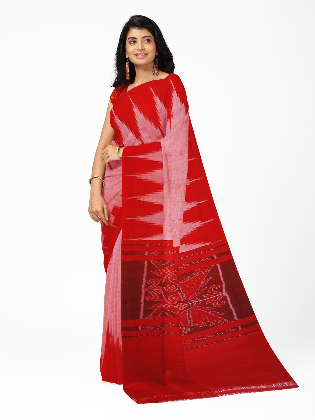 Pink with Red Cotton Odisha Ikat saree  with mix match cotton ikat blouse