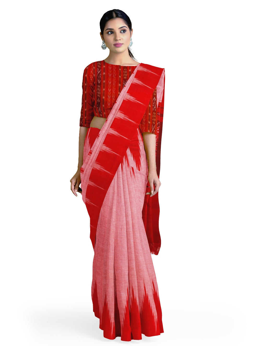 Pink with Red Cotton Odisha Ikat saree  with mix match cotton ikat blouse