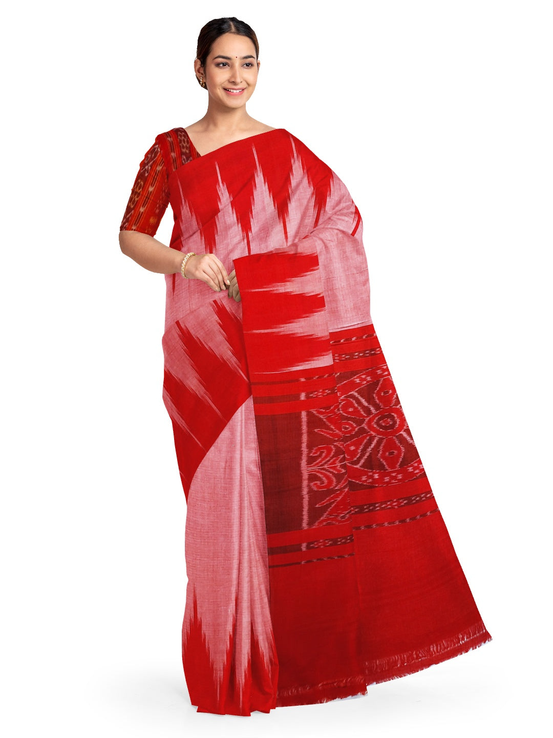 Pink with Red Cotton Odisha Ikat saree  with mix match cotton ikat blouse