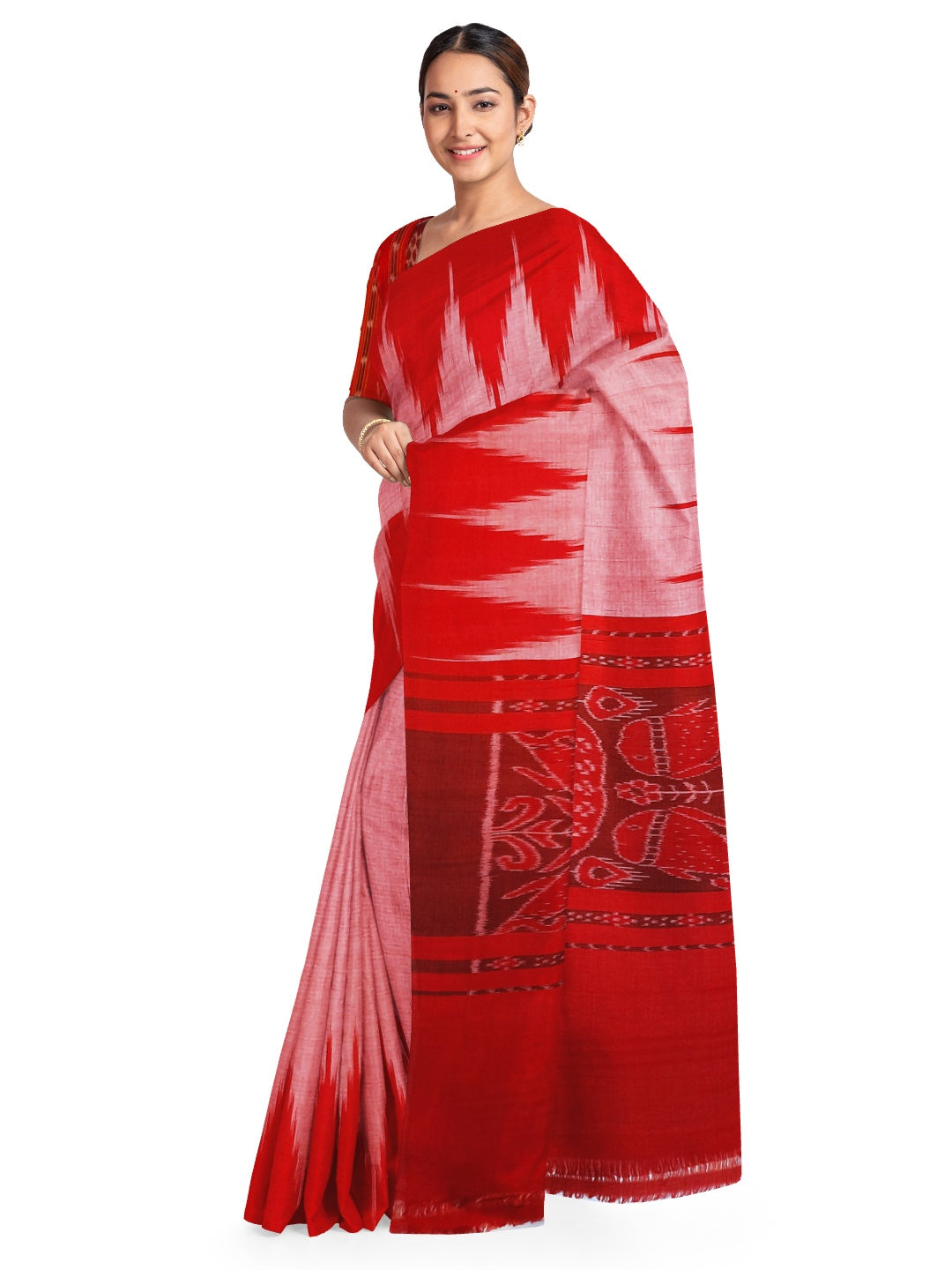 Pink with Red Cotton Odisha Ikat saree  with mix match cotton ikat blouse