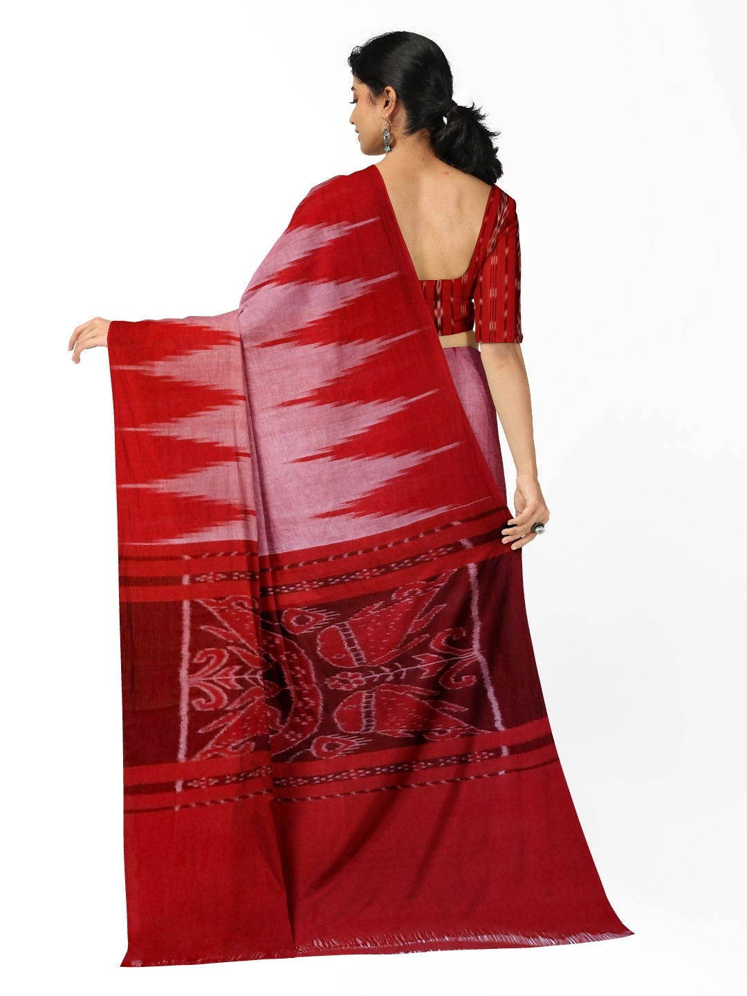 Pink with Red Cotton Odisha Ikat saree  with mix match cotton ikat blouse