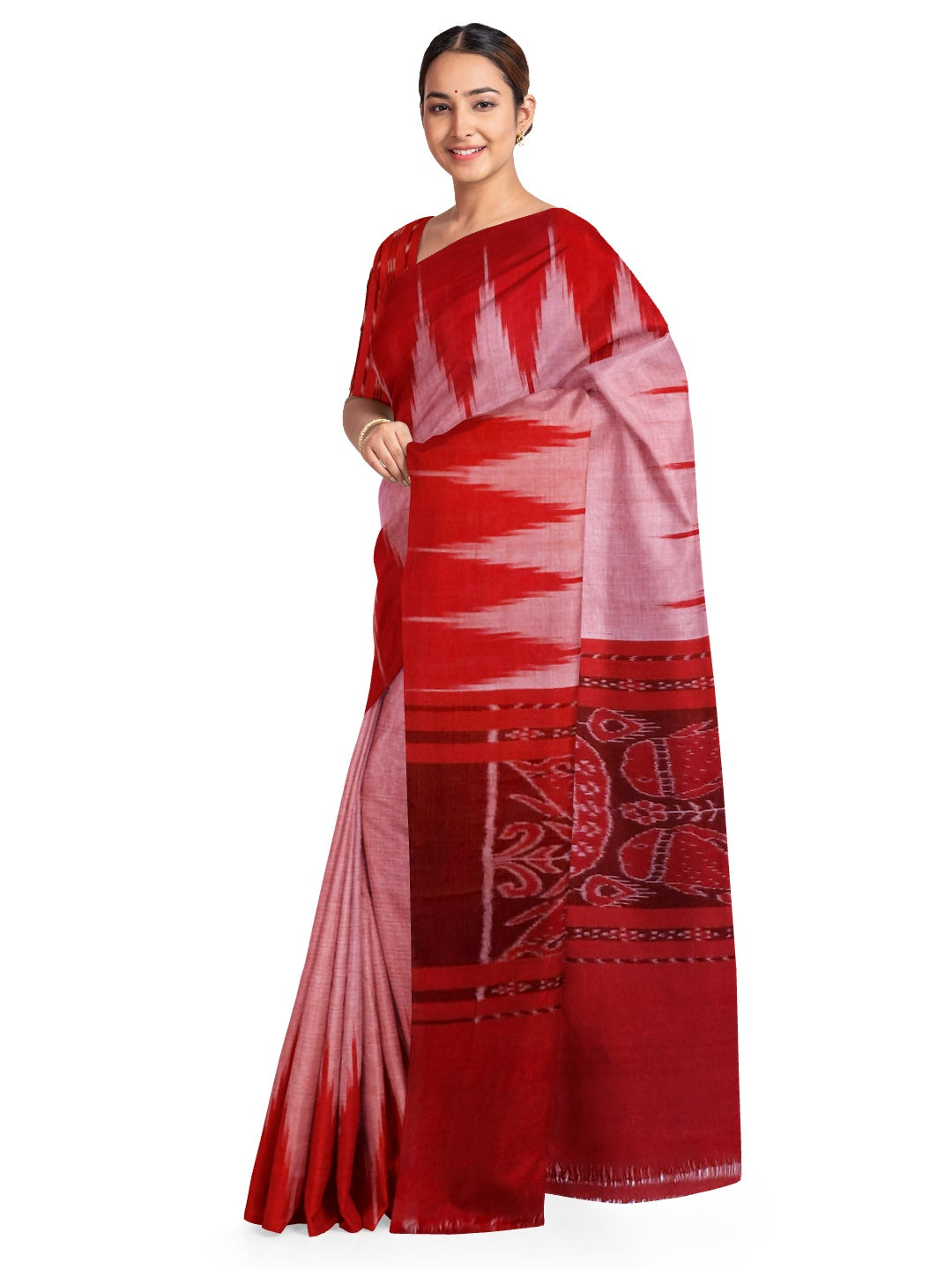 Pink with Red Cotton Odisha Ikat saree  with mix match cotton ikat blouse
