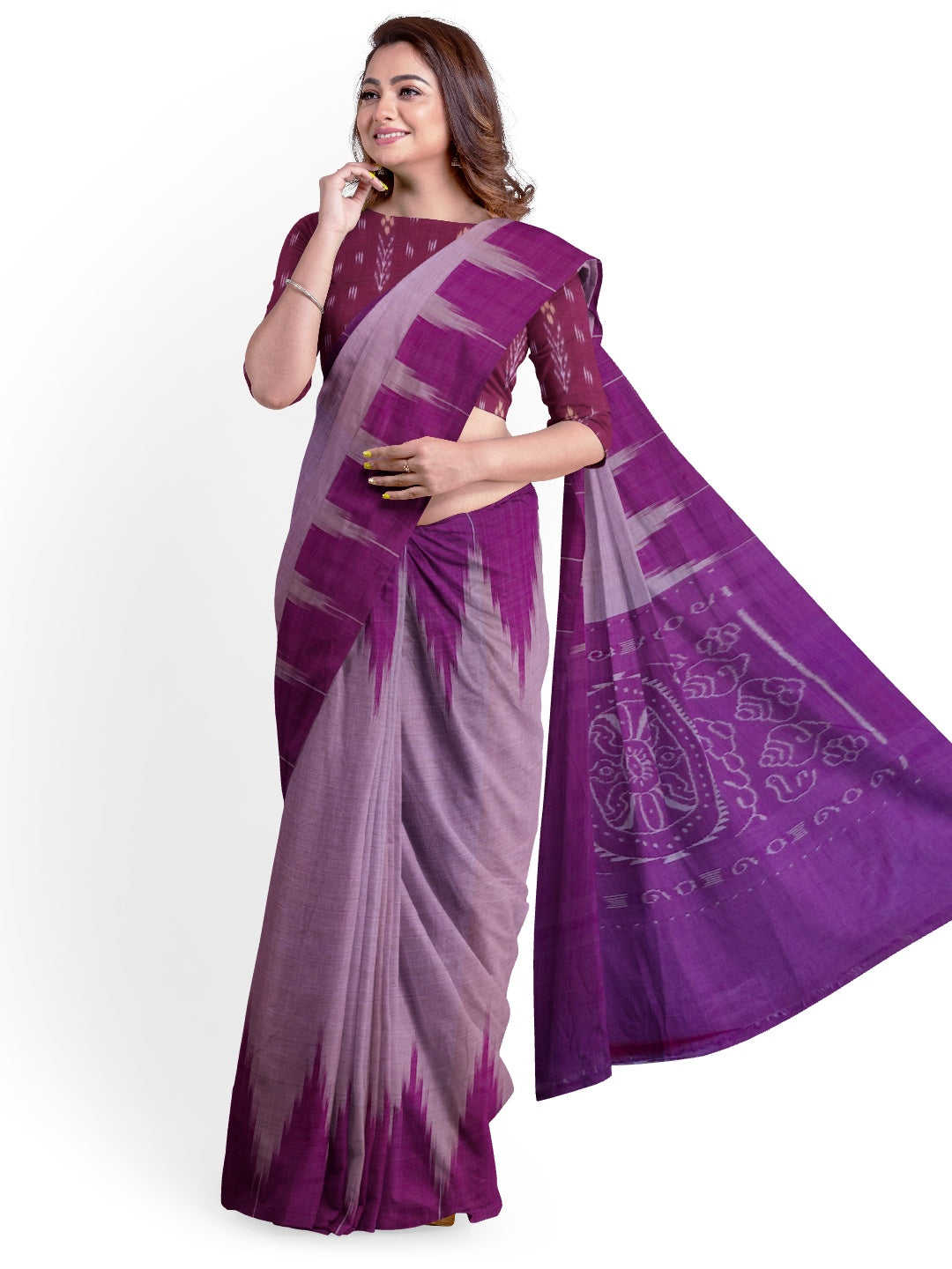 Purple Cotton Odisha Ikat saree  with mix match cotton ikat blouse