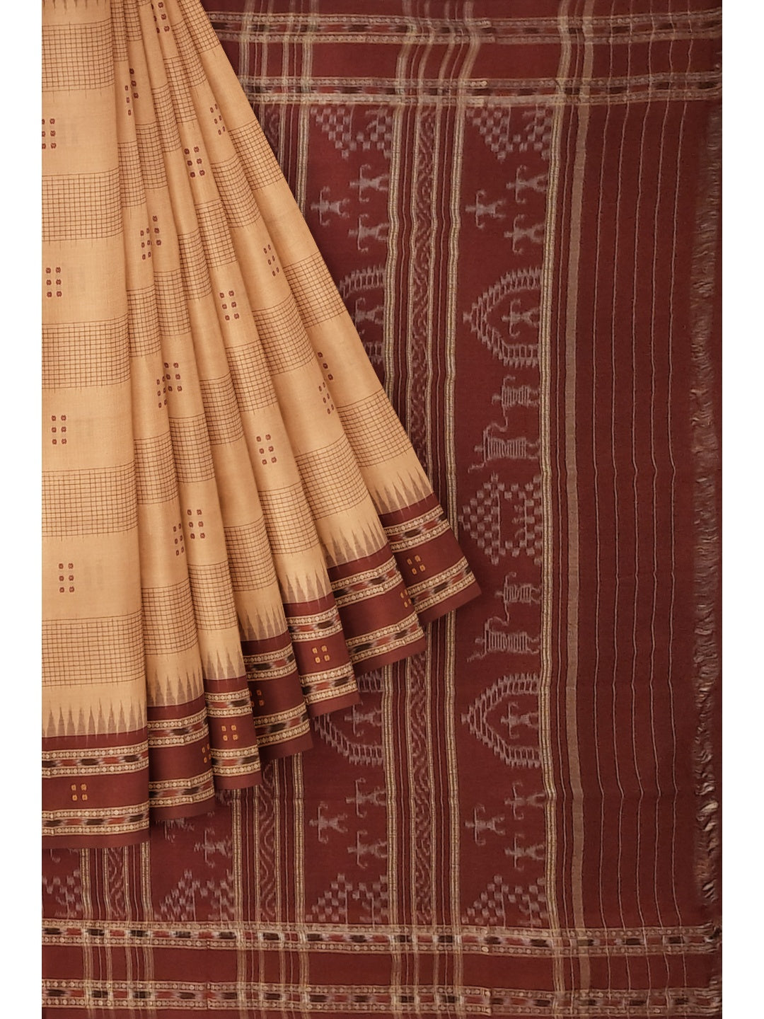 Beige Maroon buti Cotton Odisha Ikat saree with mix match cotton ikat blouse