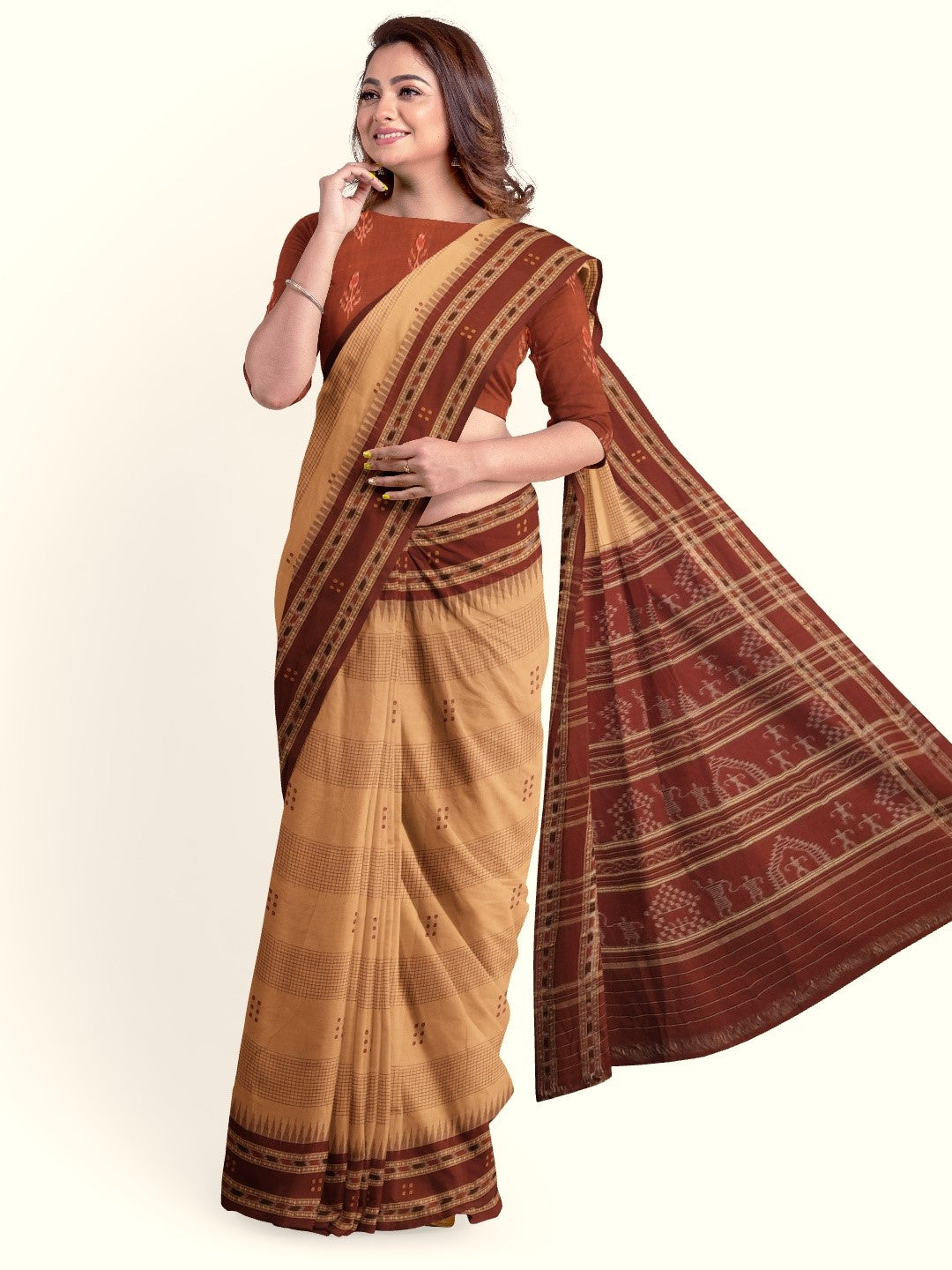 Beige Maroon buti Cotton Odisha Ikat saree with mix match cotton ikat blouse