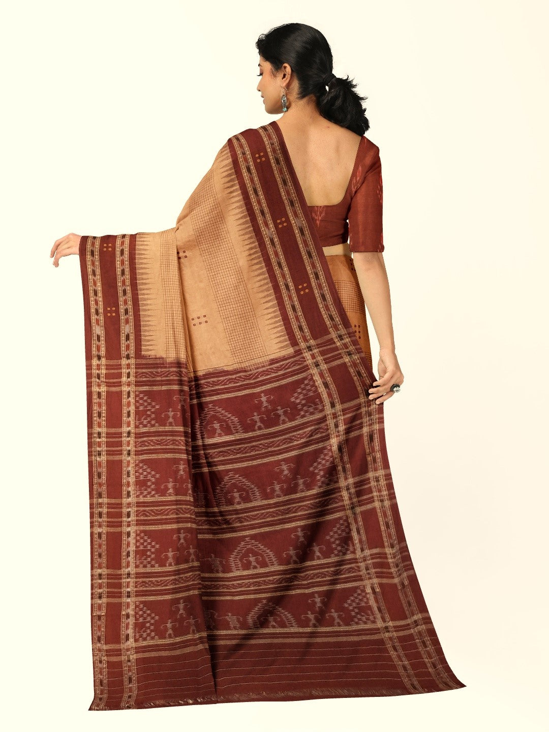 Beige Maroon buti Cotton Odisha Ikat saree with mix match cotton ikat blouse